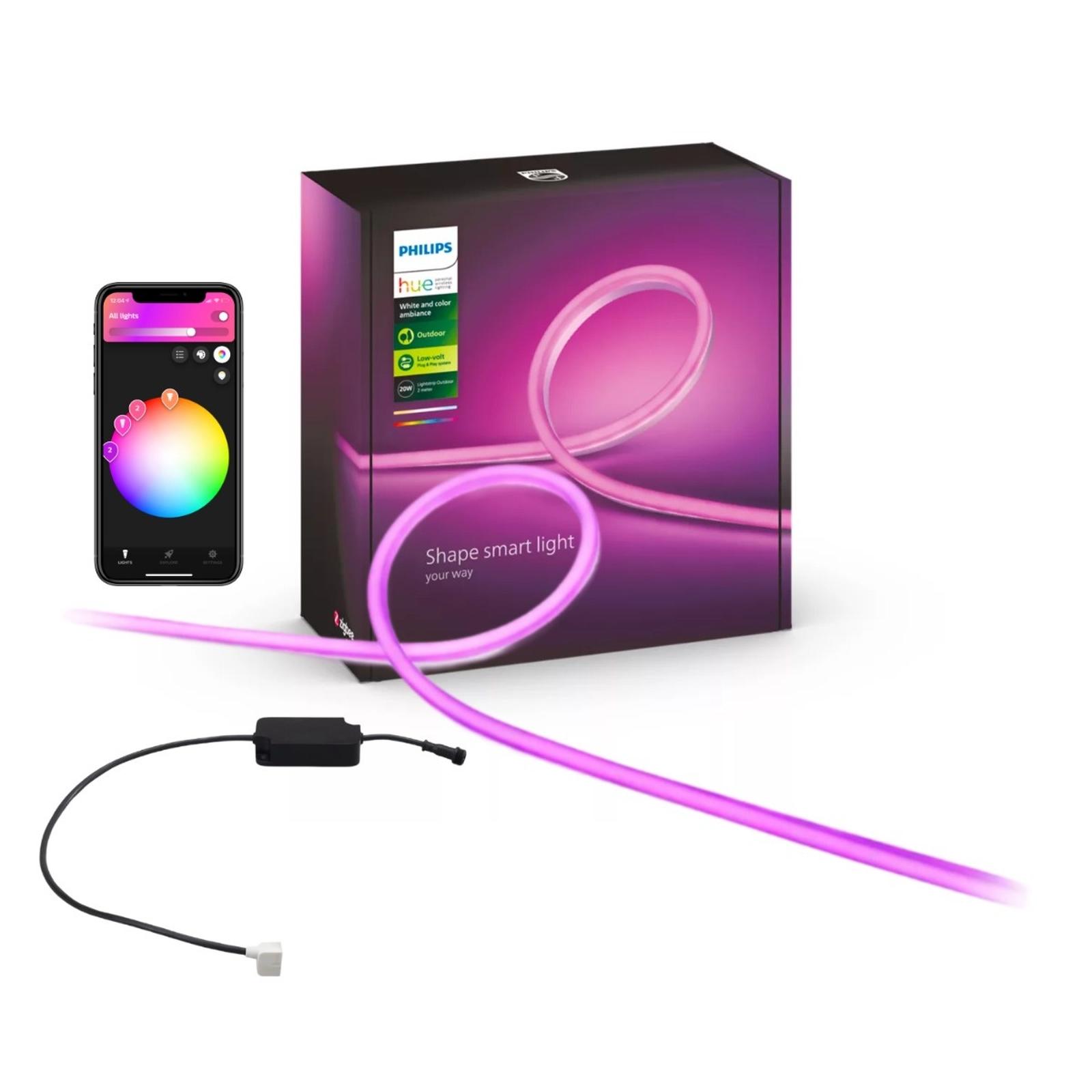 Banda LED inteligenta pentru interior/exterior Philips Hue LightStrip, 24 V, 19 W, 800 lm, lumina calda/ neutra/ rece/ multicolora, control bluetooth, ZigBee, cu adaptor alimentare, IP67, 2 m