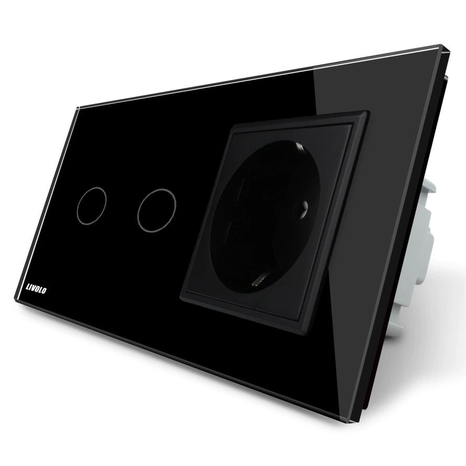Intrerupator dublu cu touch + priza simpla Livolo VL-C702-12/C7-C1EU-12, rama din sticla, incastrat, negru