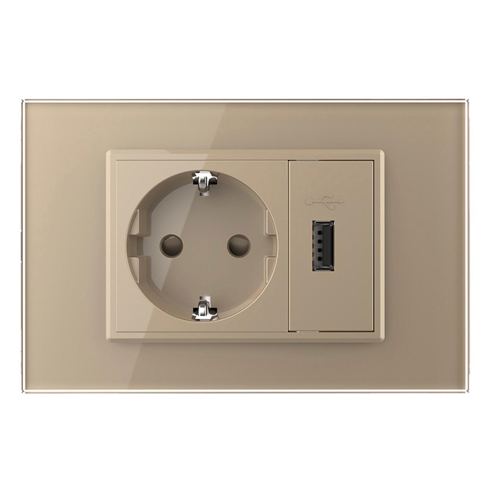 Priza simpla + priza USB Livolo VL-C9C1EU1U-13, incastrata, modulara - 3, contact de protectie, rama din sticla inclusa, aurie