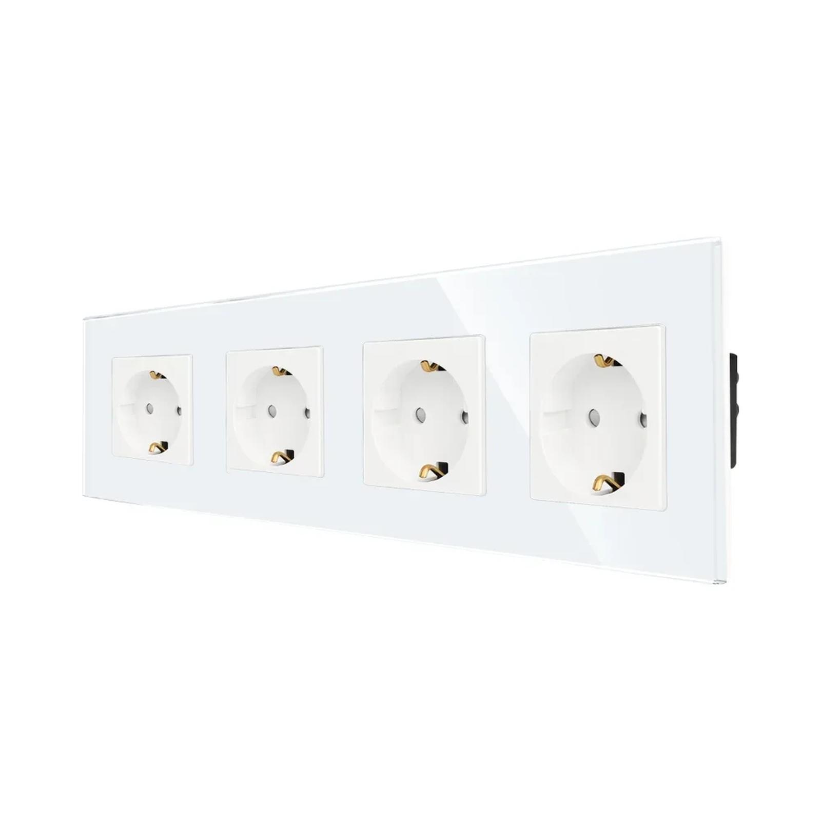 Priza schuko cvadrupla Luxion LX-4MP010G-W, incastrat, contact de protectie, rama din sticla inclusa, alb
