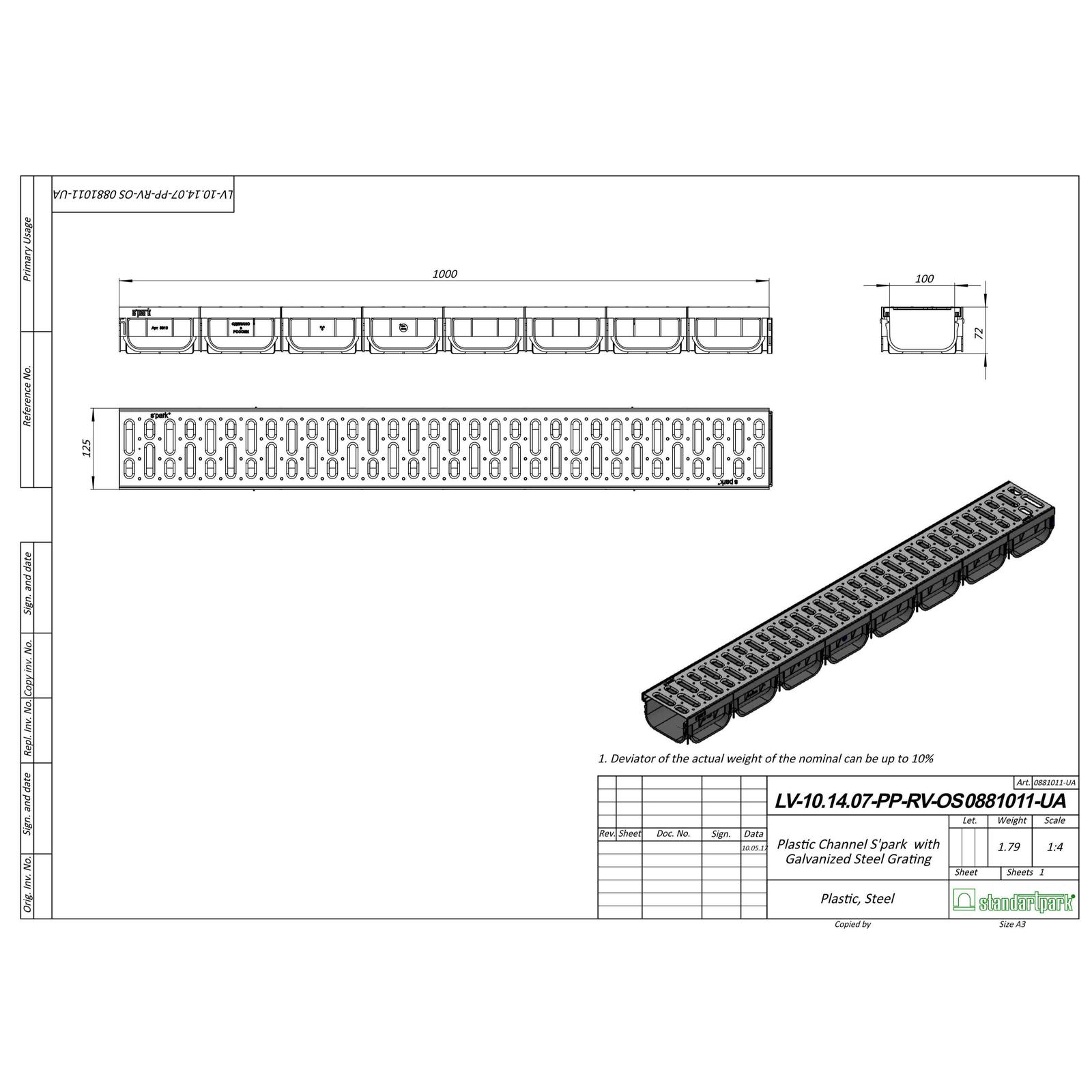 Rigola plastic Vodaland, pietonala, exterioara, pentru scurgere apa pluviala, cu gratar otel zincat, A15, 1000 x 125 x 70 mm