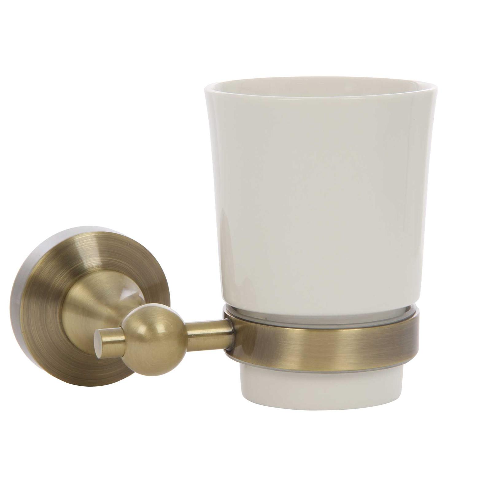 Pahar baie pentru igiena personala, cu suport, Kadda Retro 89784, sticla, prindere pe perete, mat, finisaj auriu antichizat