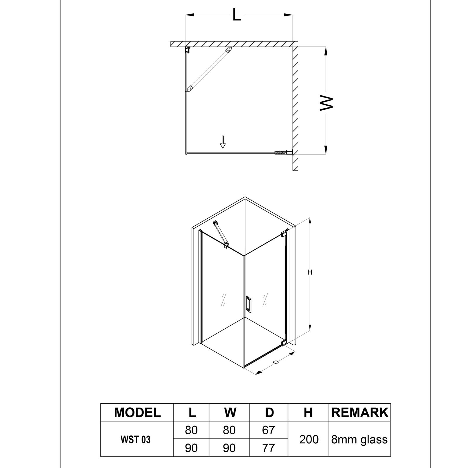 Cabina dus patrata, West CB90WST03, profil cromat, 90 x 90 x 200 cm