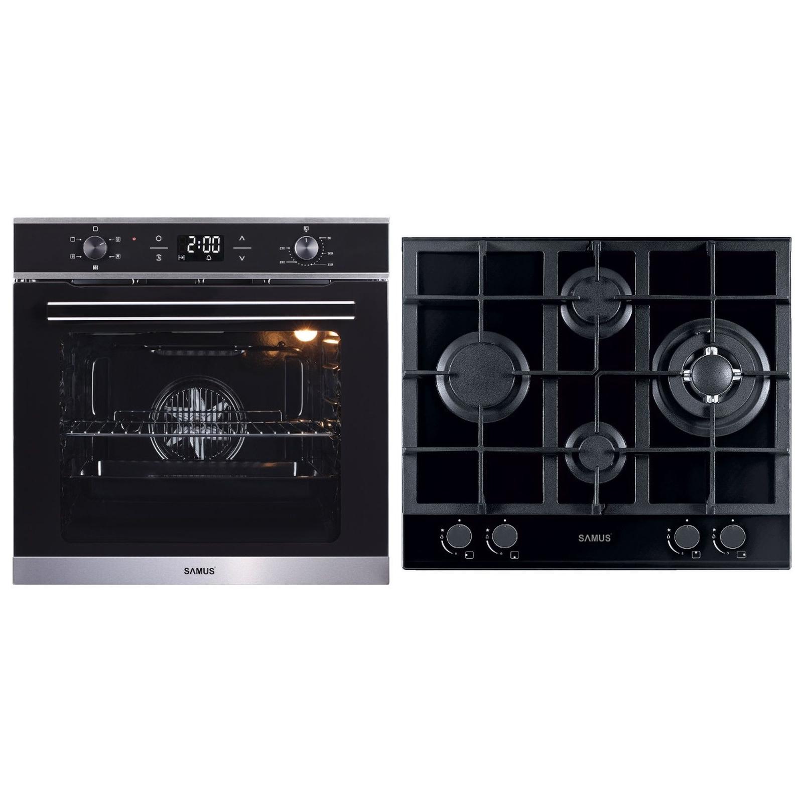 Cuptor electric incorporabil SC625GDX5 + plita pe gaz incorporabila PSG-64SG2, Samus B1, clasa A, 75 litri, 5 functii, 4 arzatoare, arzator Wok, putere 8.6 kW, aprindere electrica, negru