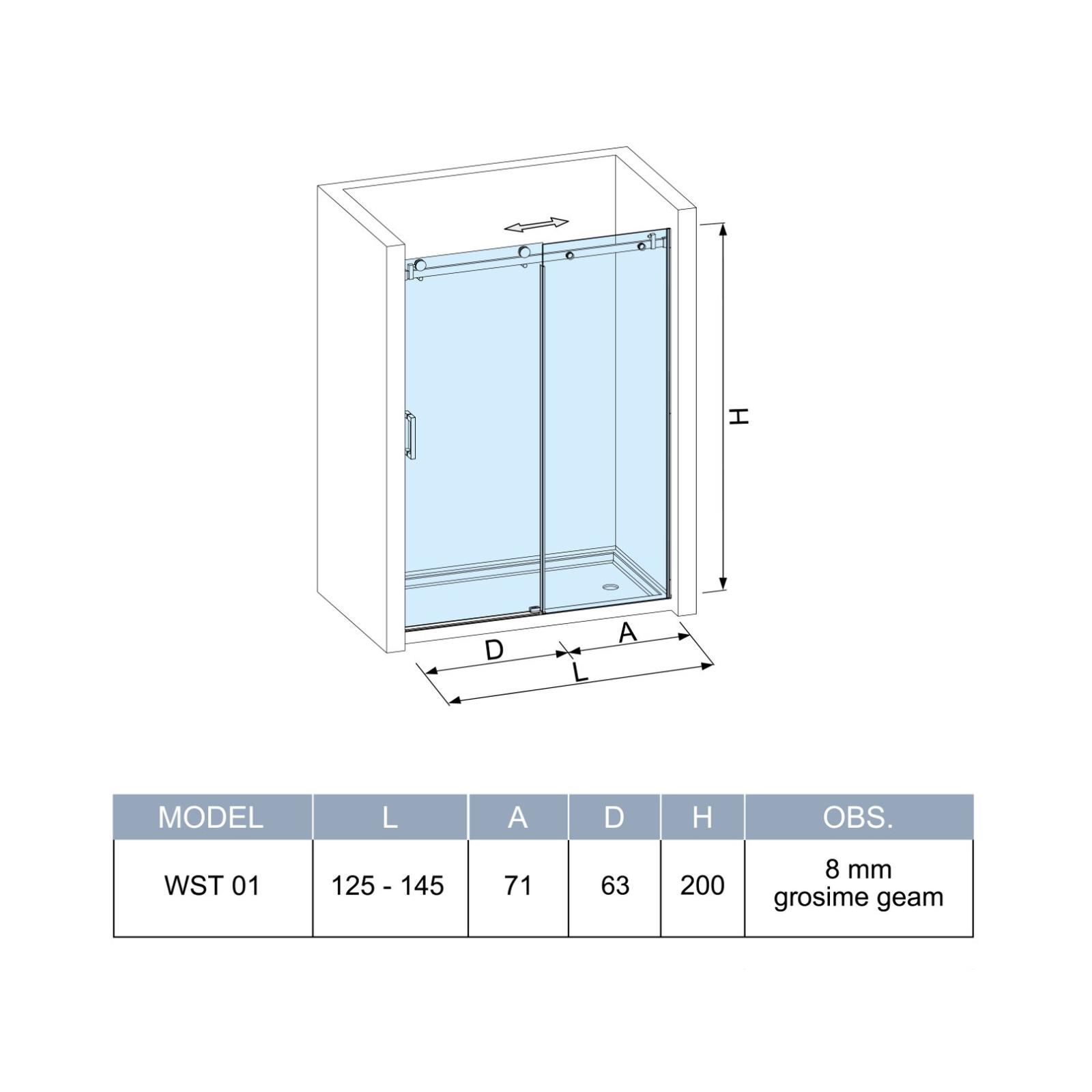 Usa culisanta pentru cabina dus, sticla, West UC125WST01, sticla fumurie, profil negru, 125-145 x 200 cm