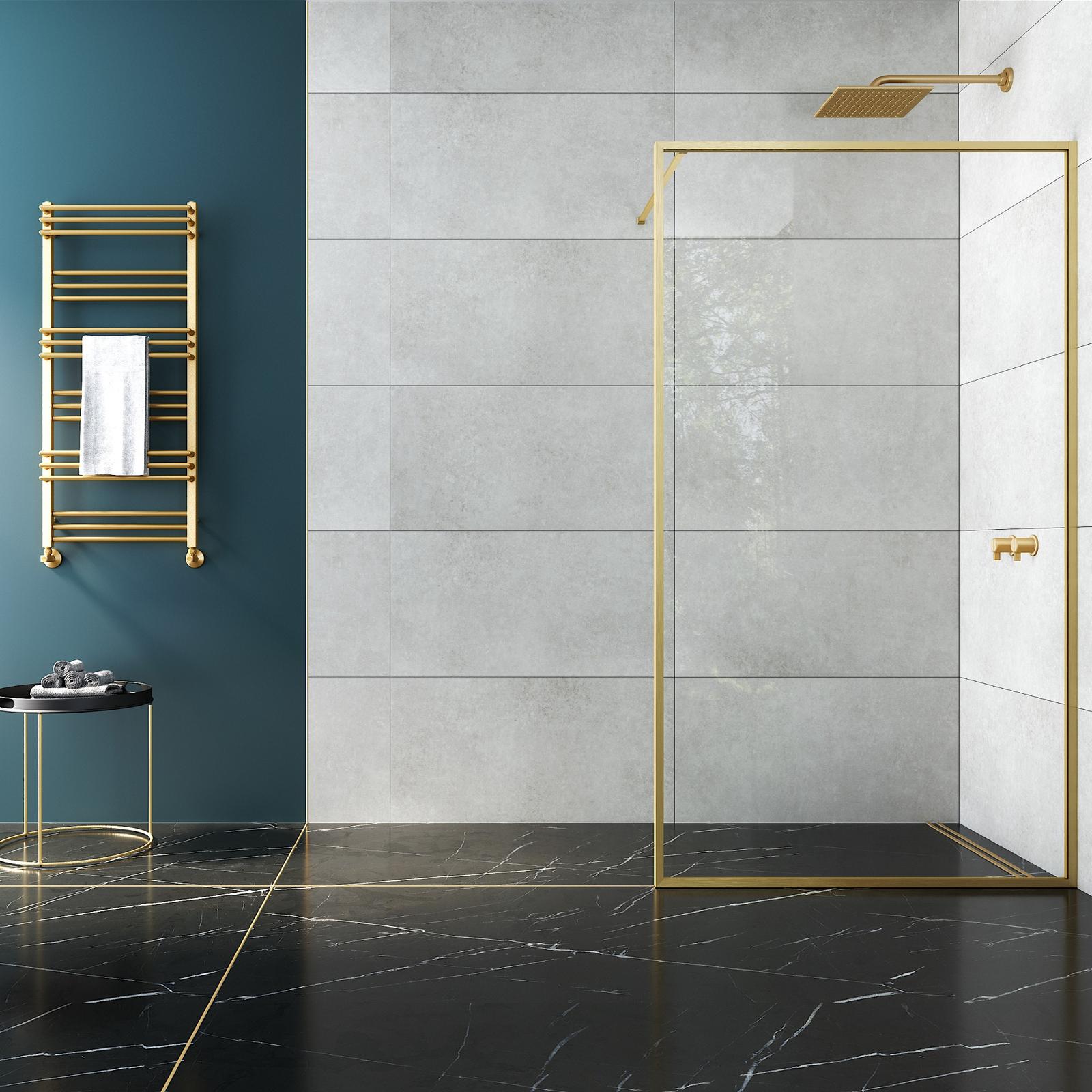 Perete dus tip walk-in, Profiltek Nordic, sticla transparenta, profil perimetral auriu mat, 90 x 195 cm