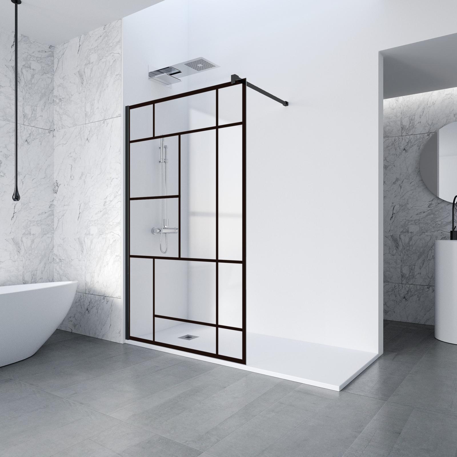 Perete dus tip walk-in, Profiltek Fado, sticla cu model geometric, profil perimetral negru, 80 x 195 cm