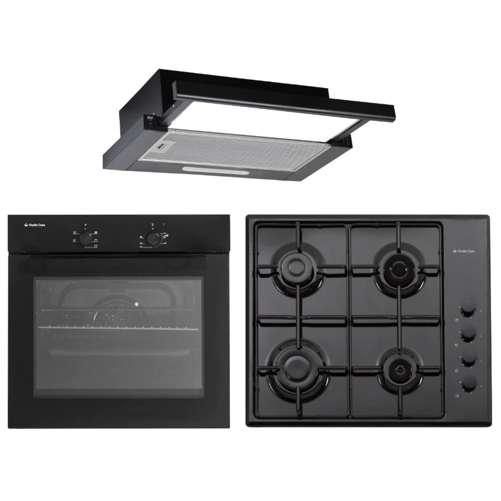 Cuptor + plita + hota 
Cuptor electric incorporabil + plita pe gaz incorporabila + hota telescopica, Studio Casa Iseo Black, clasa A, 56 litri, 6 functii, 4 arzatoare, aprindere electrica, 412 mc/h, 2 motoare, 60 cm, negru