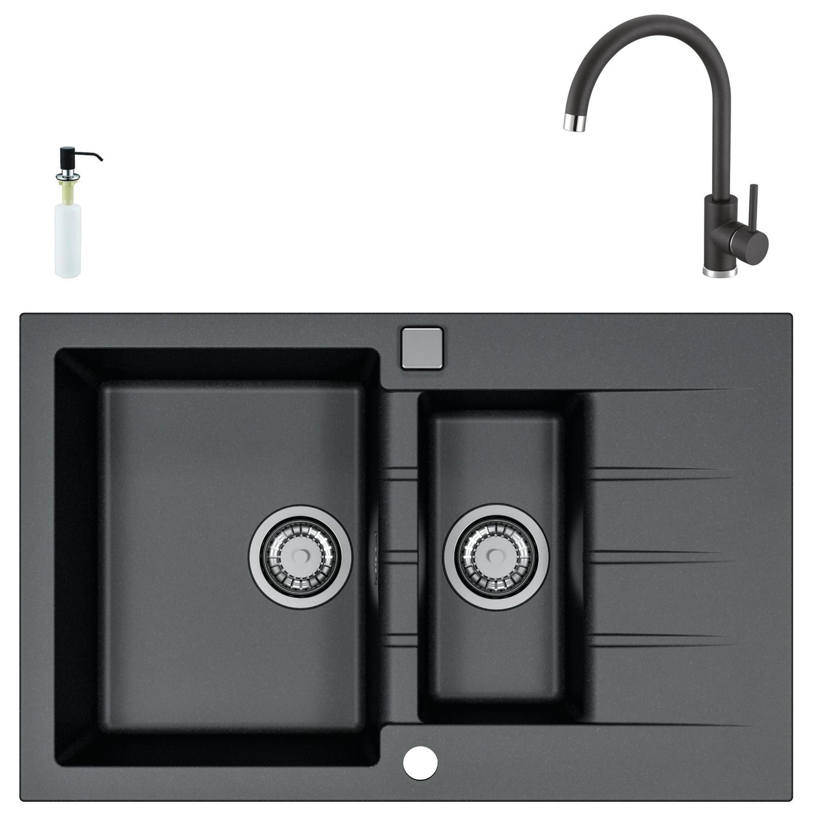 Chiuveta bucatarie compozit, granital, Alveus Cadit 70, negru, dreptunghiulara, cuva mare + mica, 79 x 50 cm, adancime cuva 20 cm, baterie, Kati, dozator detergent