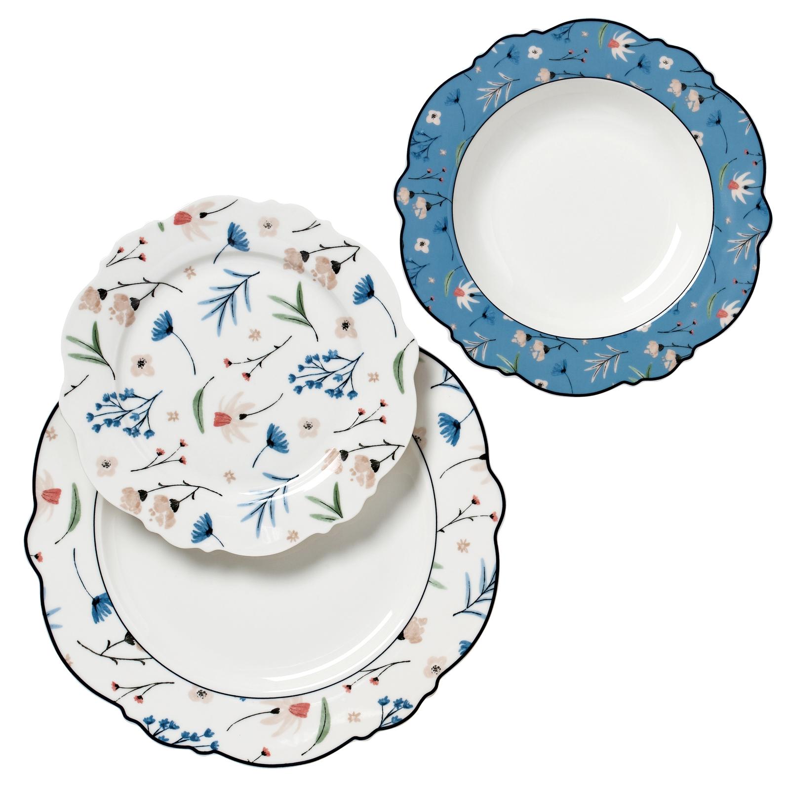 Set farfurii portelan alb + multicolor, 18 piese
