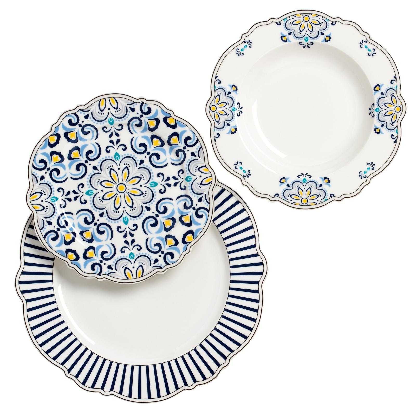 Set farfurii portelan alb + albastru + galben, 18 piese