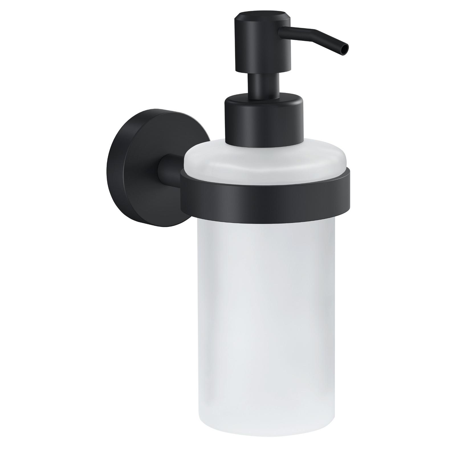 Dozator sapun lichid tesa Moon Black 40565, sticla + metal, montaj suspendat, autoadeziv, 200 ml
