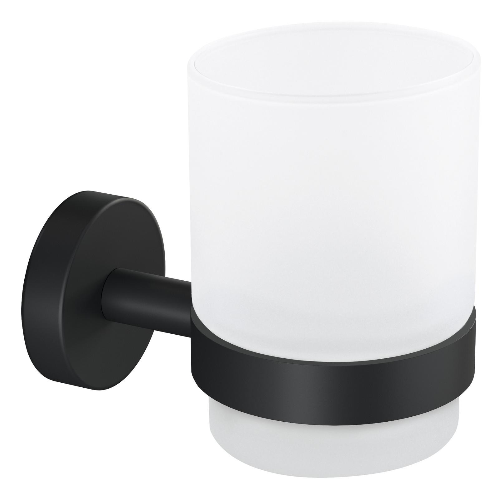 Pahar baie pentru igiena personala, cu suport, tesa Moon Black 40566, sticla + metal, prindere pe perete, autoadeziv, 9.6 x 10.9 x 7 cm
