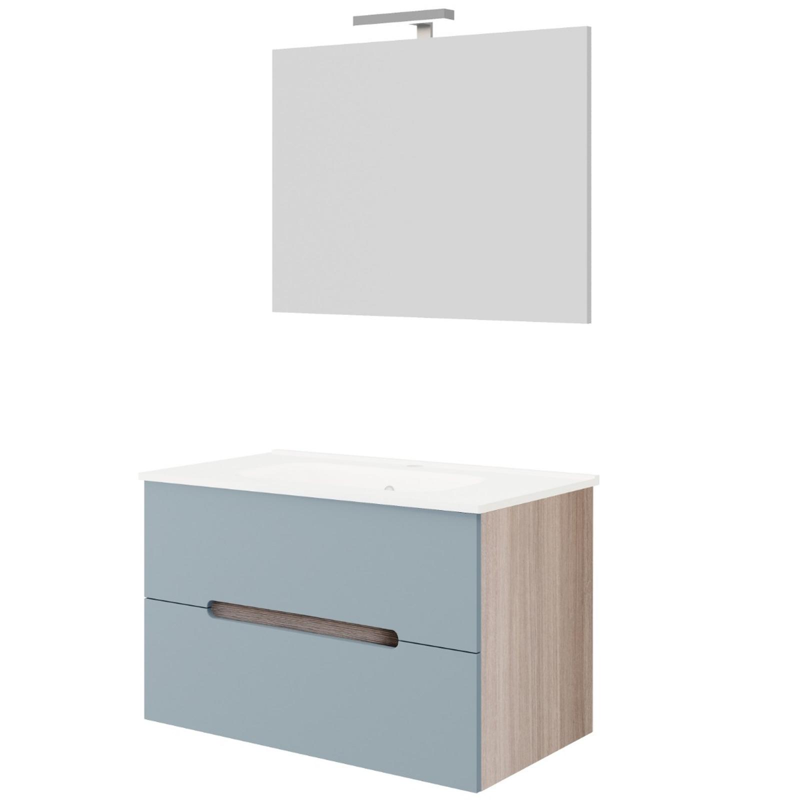 Masca baie + lavoar + oglinda + lampa Savini Due Iris, cu sertare, albastru deschis + stejar, 80 x 46.5 x 113 cm