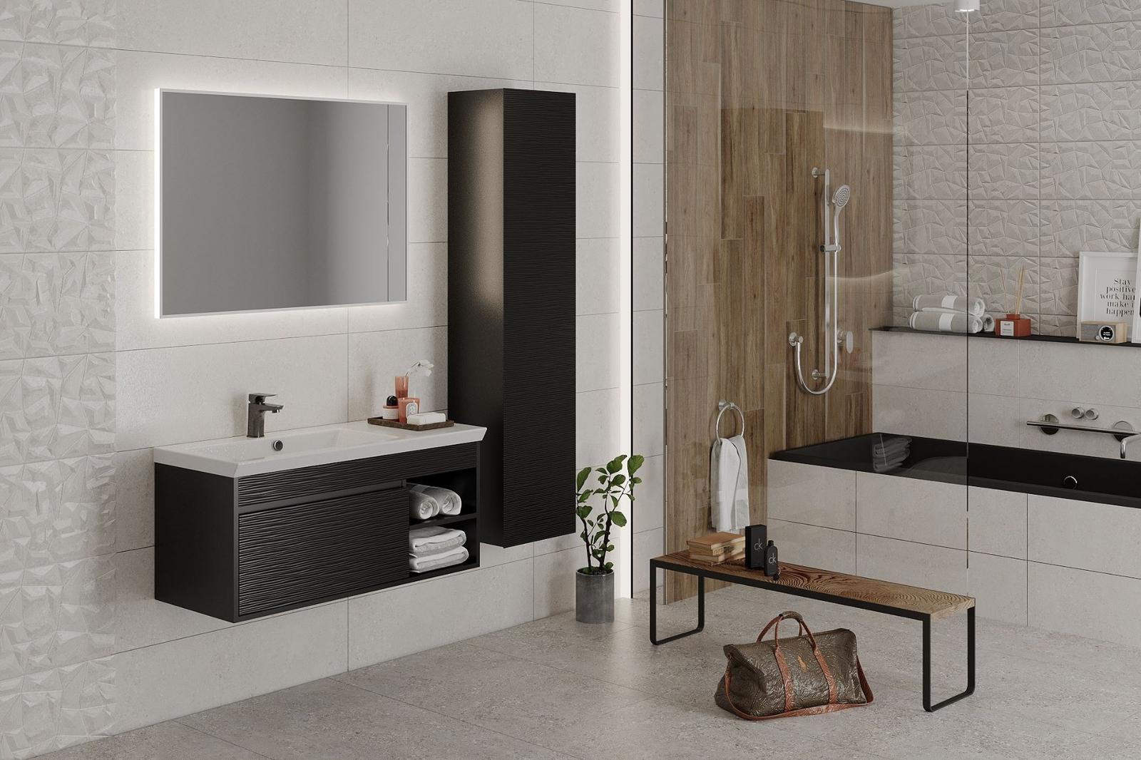 Masca baie Goodmob Isik 100 pentru lavoar, cu sertar si polita, negru, montaj suspendat, 98 x 42 x 42 cm