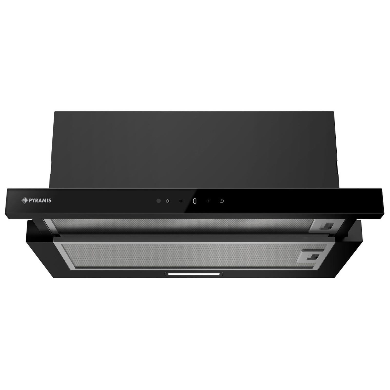 Hota incorporabila telescopica Pyramis Black Glass Touch, 573 mc/h, 1 motor, 211.5 W, latime 59.5 cm, filtru din aluminiu lavabil, control touch, negru