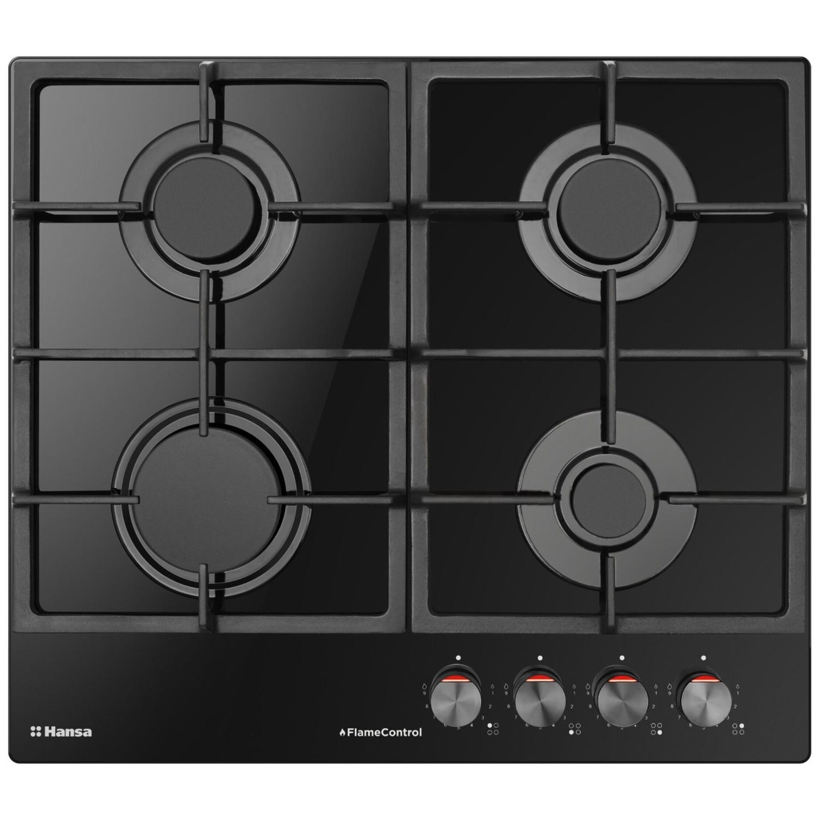 Plita Hansa BHKS610505, 4 arzatoare, putere 7.4 kW, aprindere electrica, dispozitiv siguranta arzatoare, latime 59 cm, gratar fonta, suport din sticla, negru