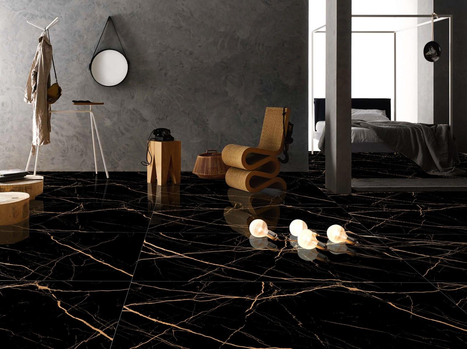 Gresie Atlantis Black 80 x 160 cm, negru, lucioasa, rectificata, aspect marmura