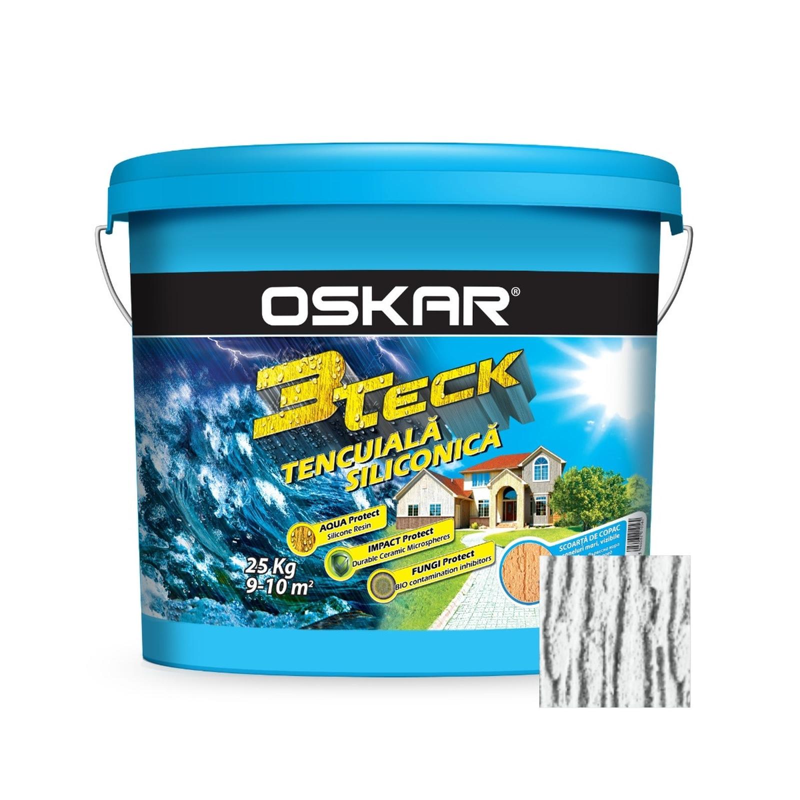 Tencuiala Oskar 3Teck decorativa siliconica , structurata, aspect scoarta de copac, alb grafit, exterior, 25 kg Tencuiala Oskar 3Teck decorativa siliconica , structurata, aspect scoarta de copac, alb grafit, exterior, 25 kg
