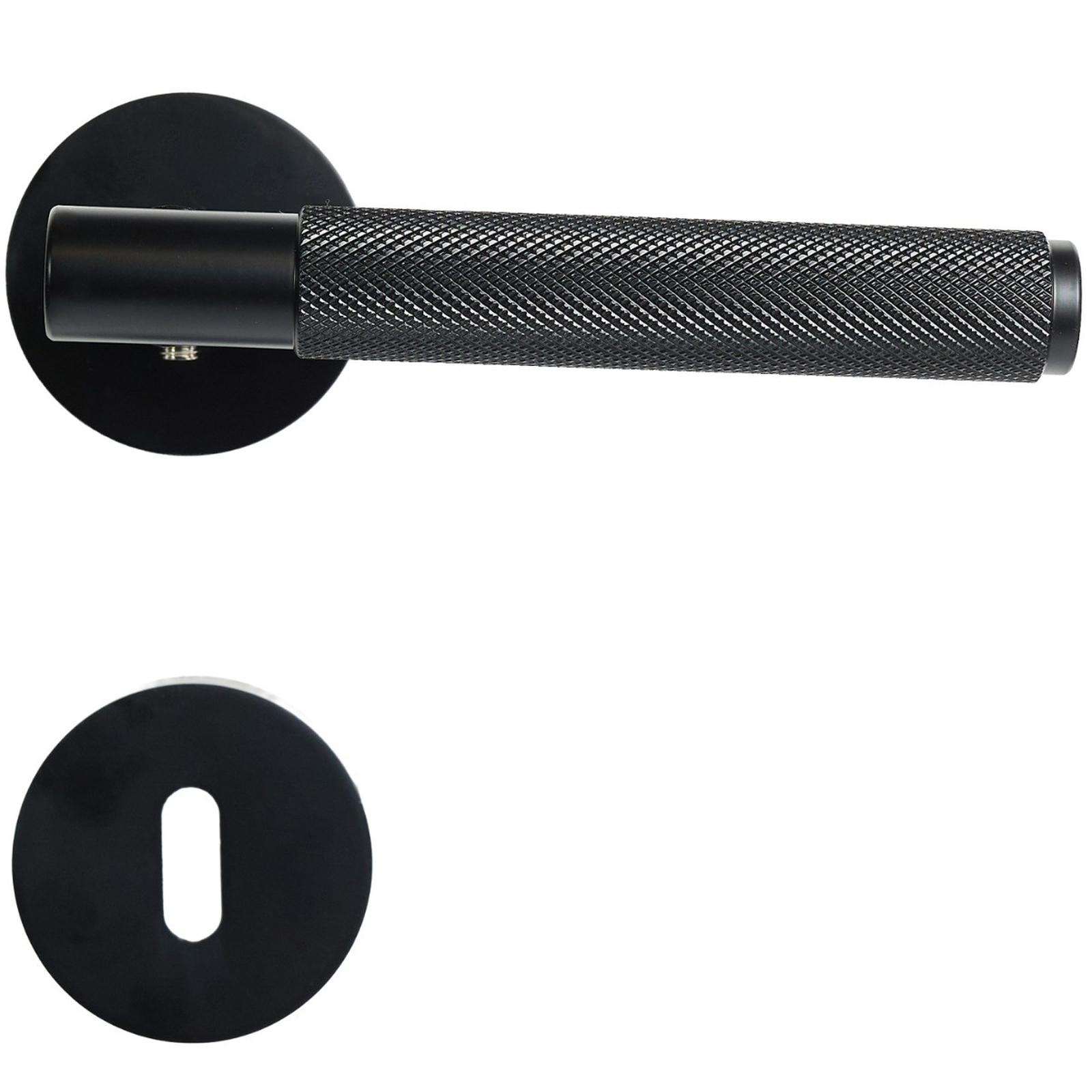 Maner cu rozeta rotunda pentru usa interior, Siena, aluminiu, negru mat, 136 x 53 mm Maner cu rozeta rotunda pentru usa interior, Siena, aluminiu, negru mat, 136 x 53 mm