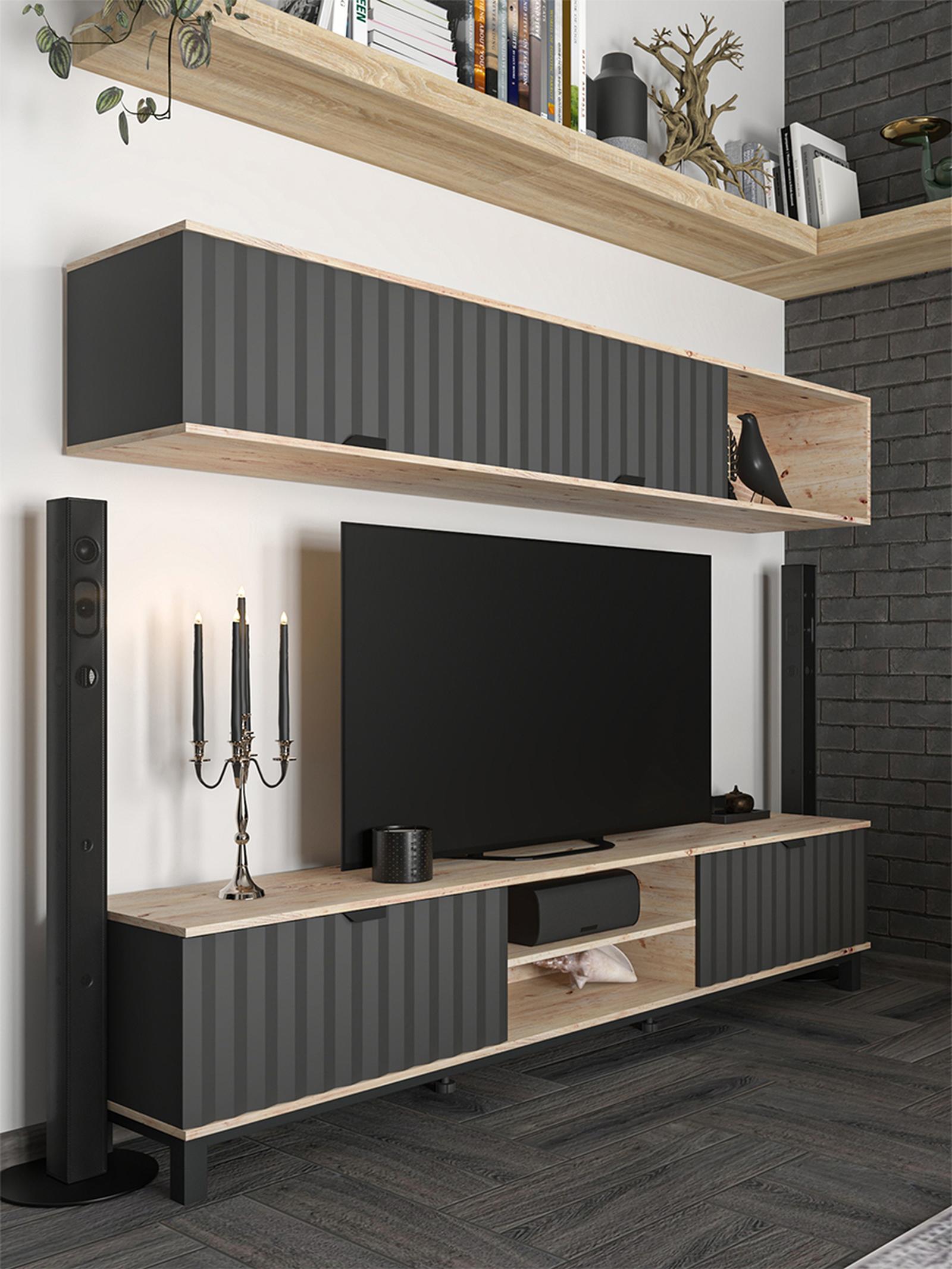 Biblioteca living Monaco, stejar artisan + negru, 218 cm, 2C