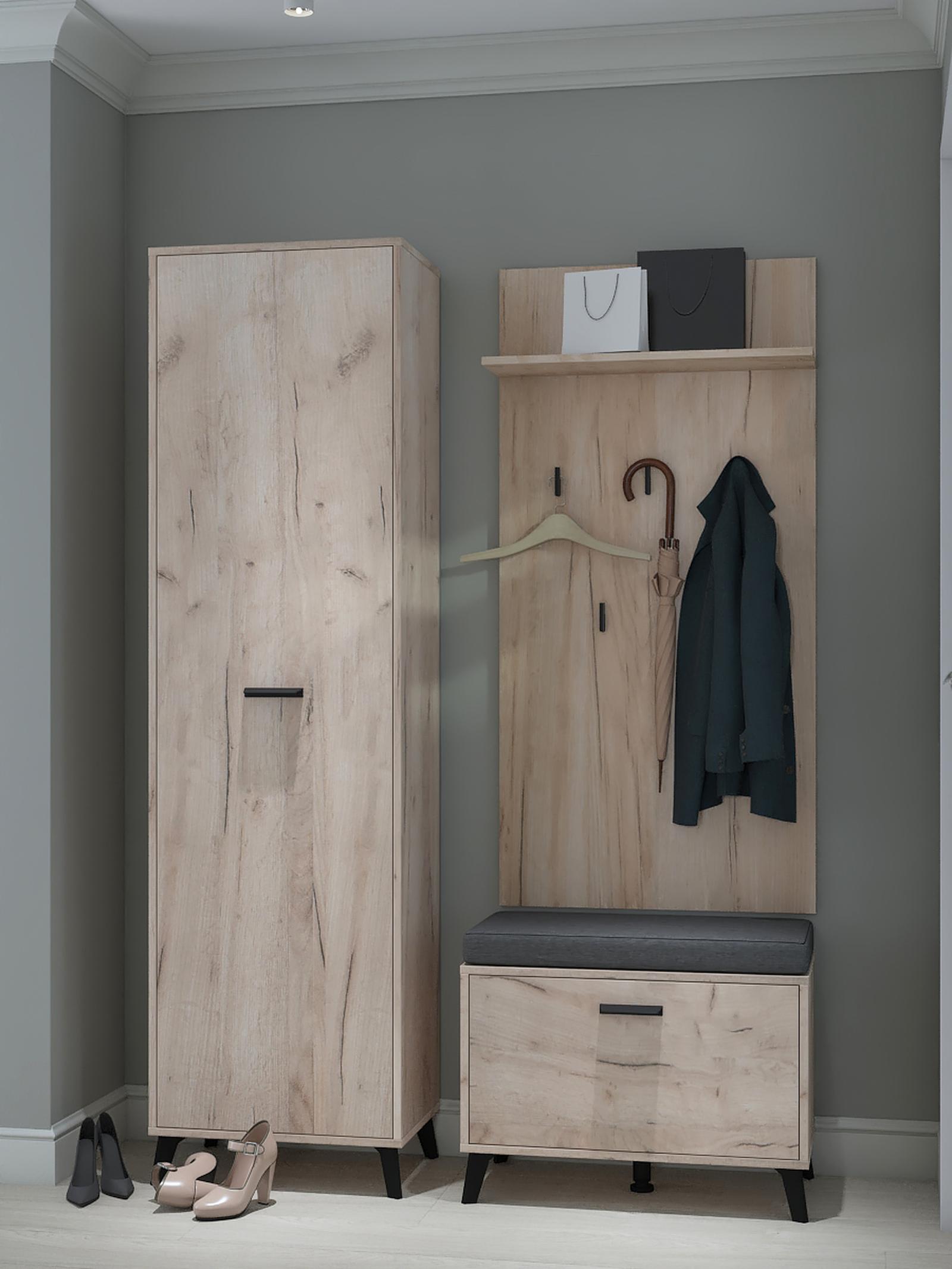 Dulap hol Umbria P1, cu o agatatoare si rafturi, stejar gri + negru, o usa, 53.5 x 35 x 192 cm, 2C
