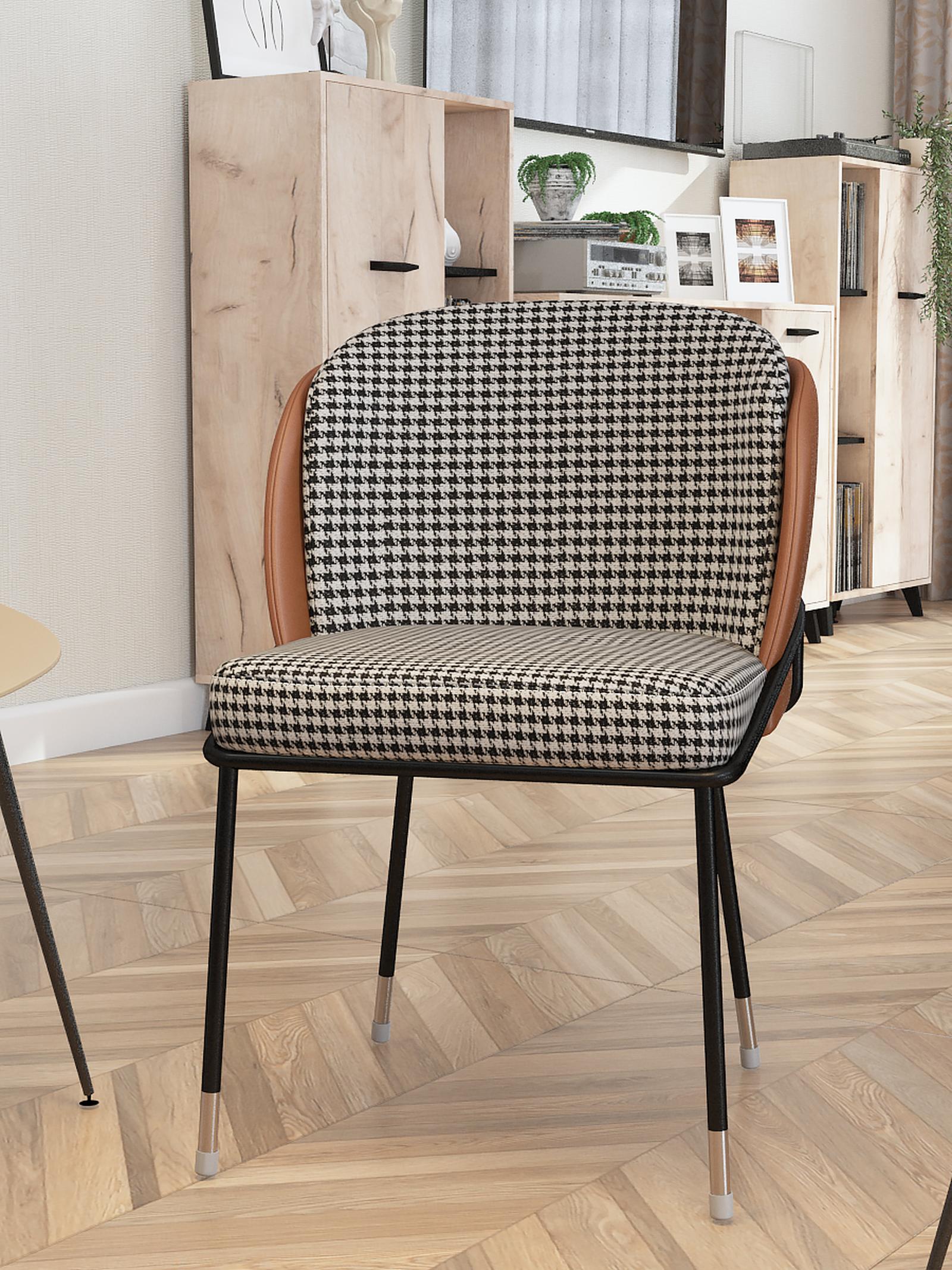 Scaun fix Kirna, tapitat, metal negru + auriu + material textil alb / negru + imitatie piele maro