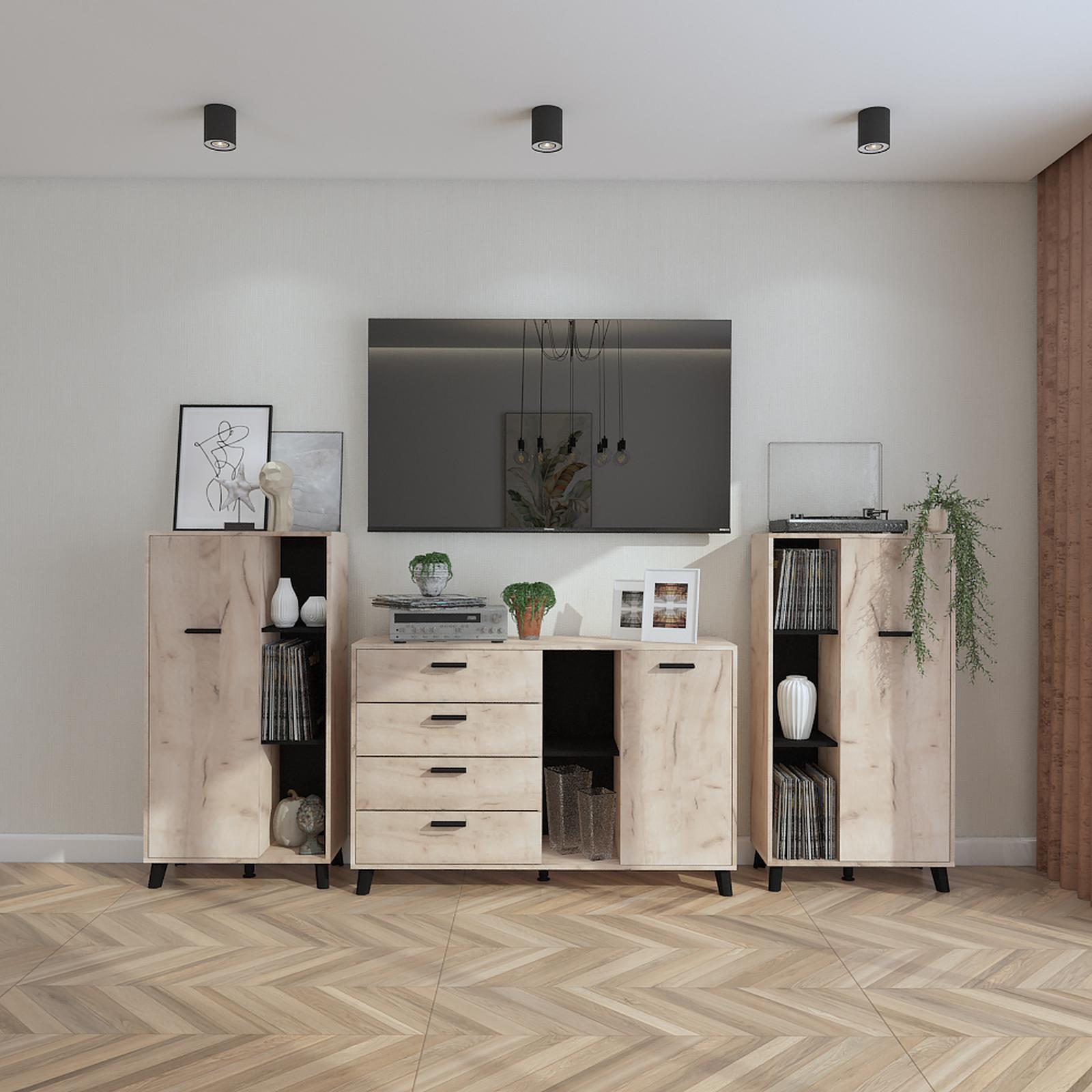 Dulap living Umbria POP, cu rafturi si usa, stejar gri + negru, 67.5 x 33 x 130.5 cm, 1C