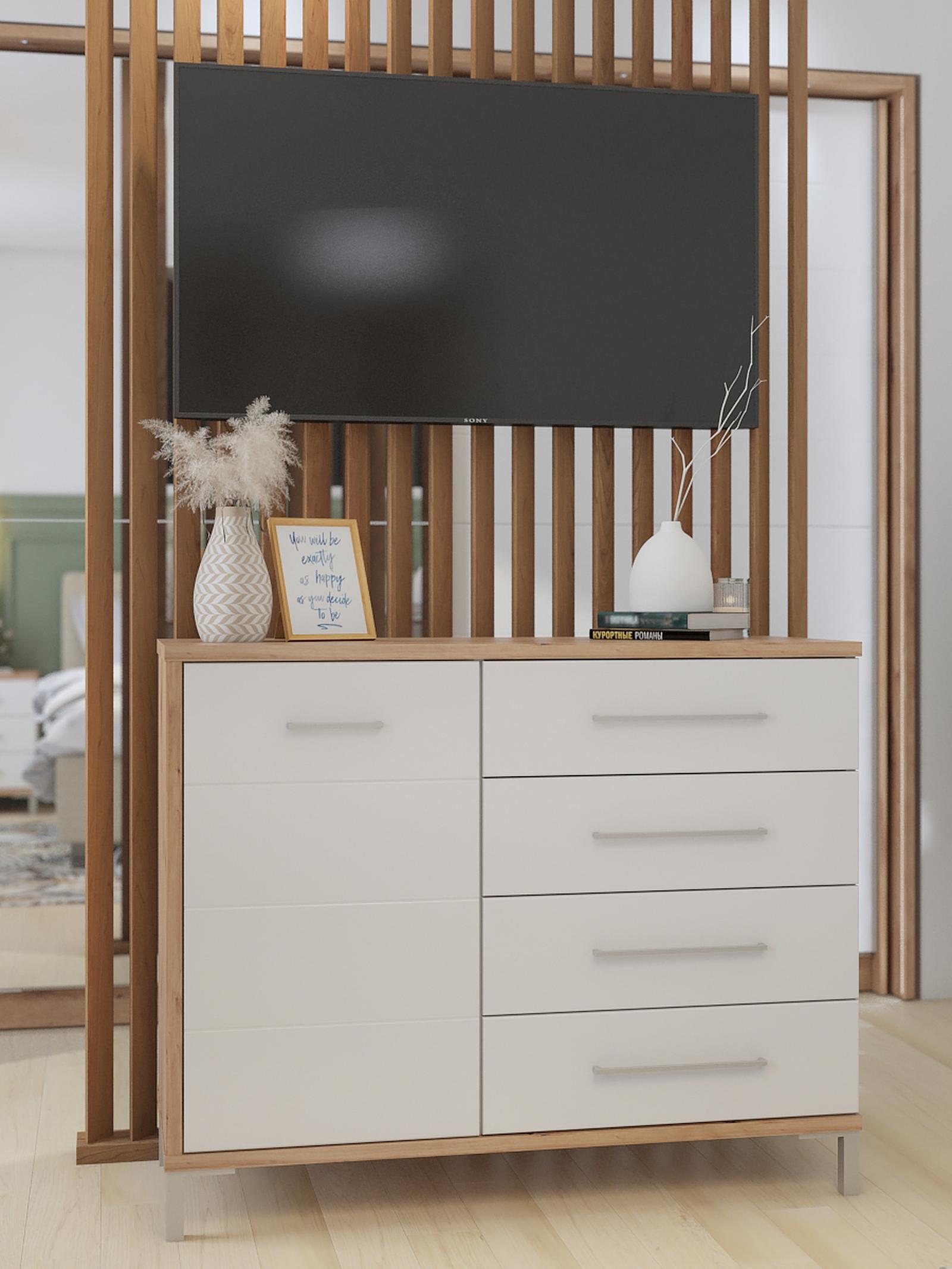 Comoda dormitor Mondego 2K4F, cu usa + 4 sertare, stejar artisan + alb mat + folie lucioasa alba, 108 x 87 x 40 cm, 2C