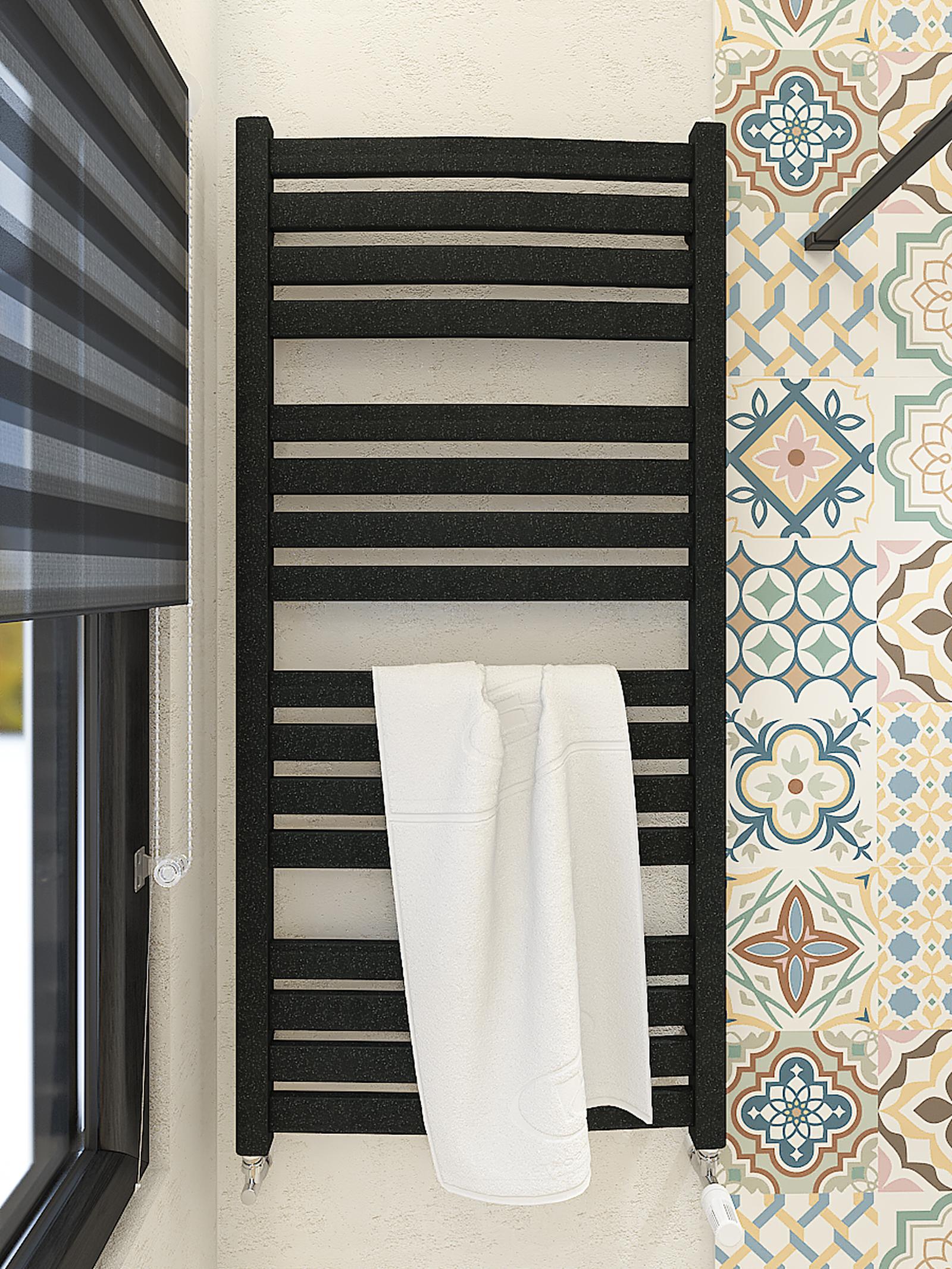 Calorifer vertical, decorativ, baie, Radox Vulcan NV, portprosop, drept, negru, 565 x 1160 mm, accesorii incluse