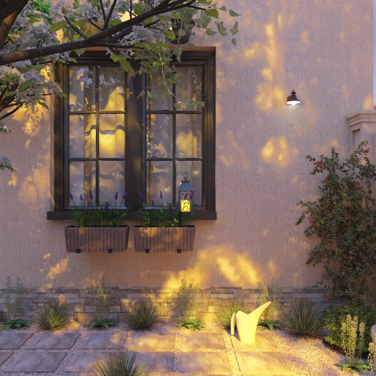 Jardiniera din plastic 7390500, cu suport, pentru balustrada, finisaj ratan sintetic, dreptunghiulara, maro, 47 x 19.5 x 19 cm