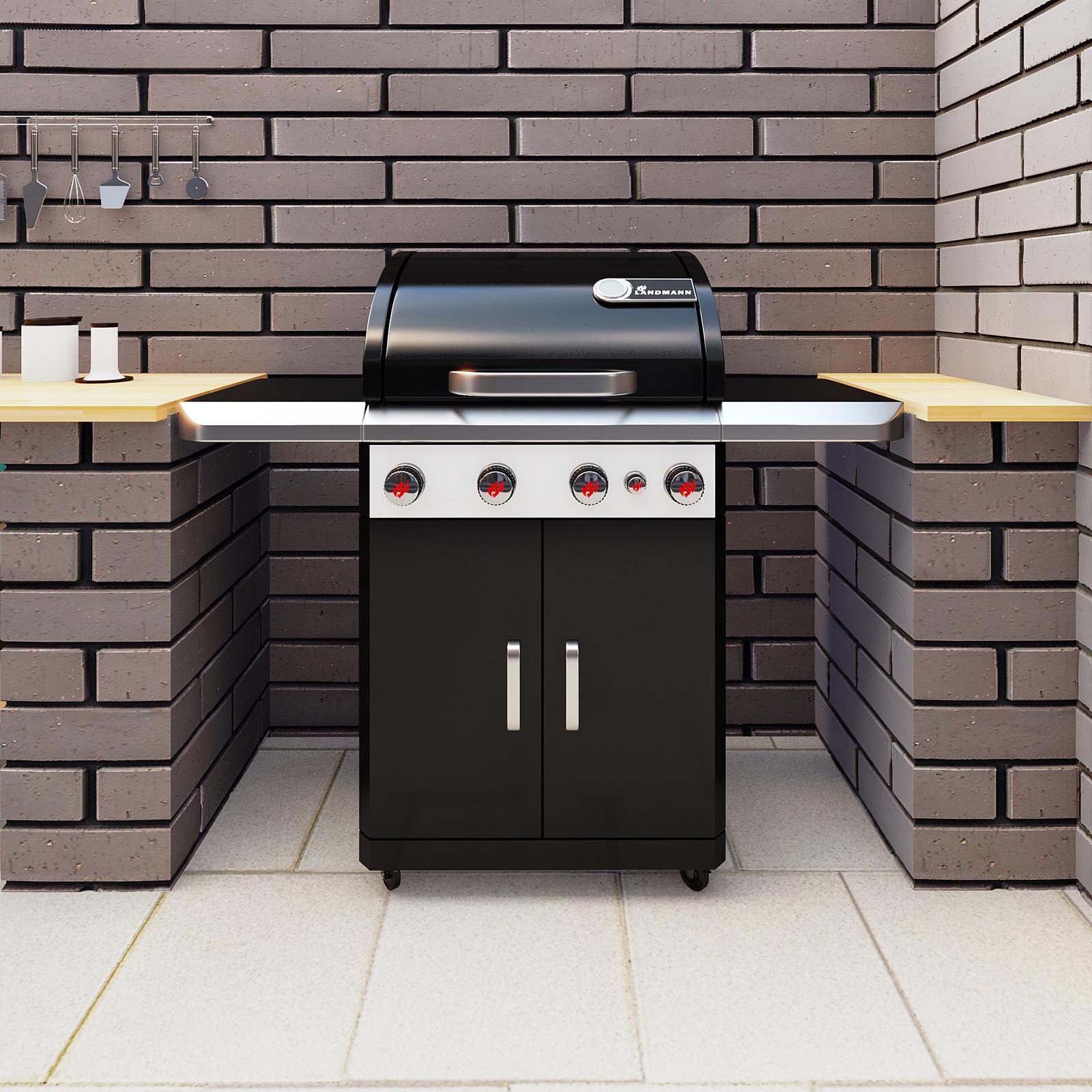 Gratar pe gaz Landmann Rexon 4.1 12131, 5 arzatoare din inox, 15 kW, sistem PTS, otel, cu roti deplasare, cu ceas de temperatura, negru, 135 x 52 x 120 cm