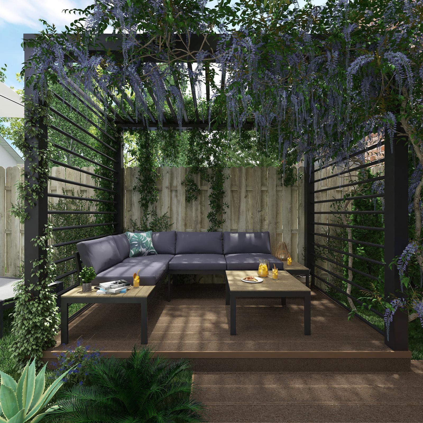 Set mobilier gradina coltar 4 locuri, perne incluse, pentru exterior, masa dreptunghiulara, Grandio Mob Ancona, metal + poliester, gri + maro + negru