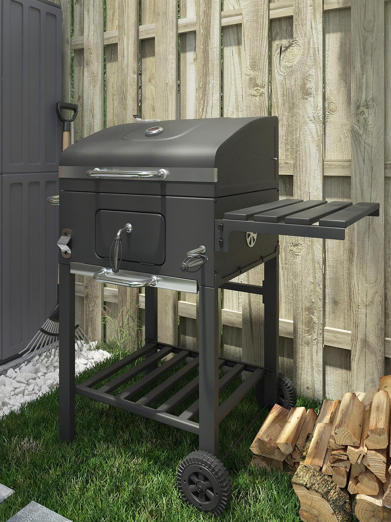 Gratar gradina cu carbuni, portabil, cu roti de deplasare, din otel, 100 x 71 x 102 cm, cu capac, cu ceas de temperatura, cu masuta, Komfort New Grillchef 11529