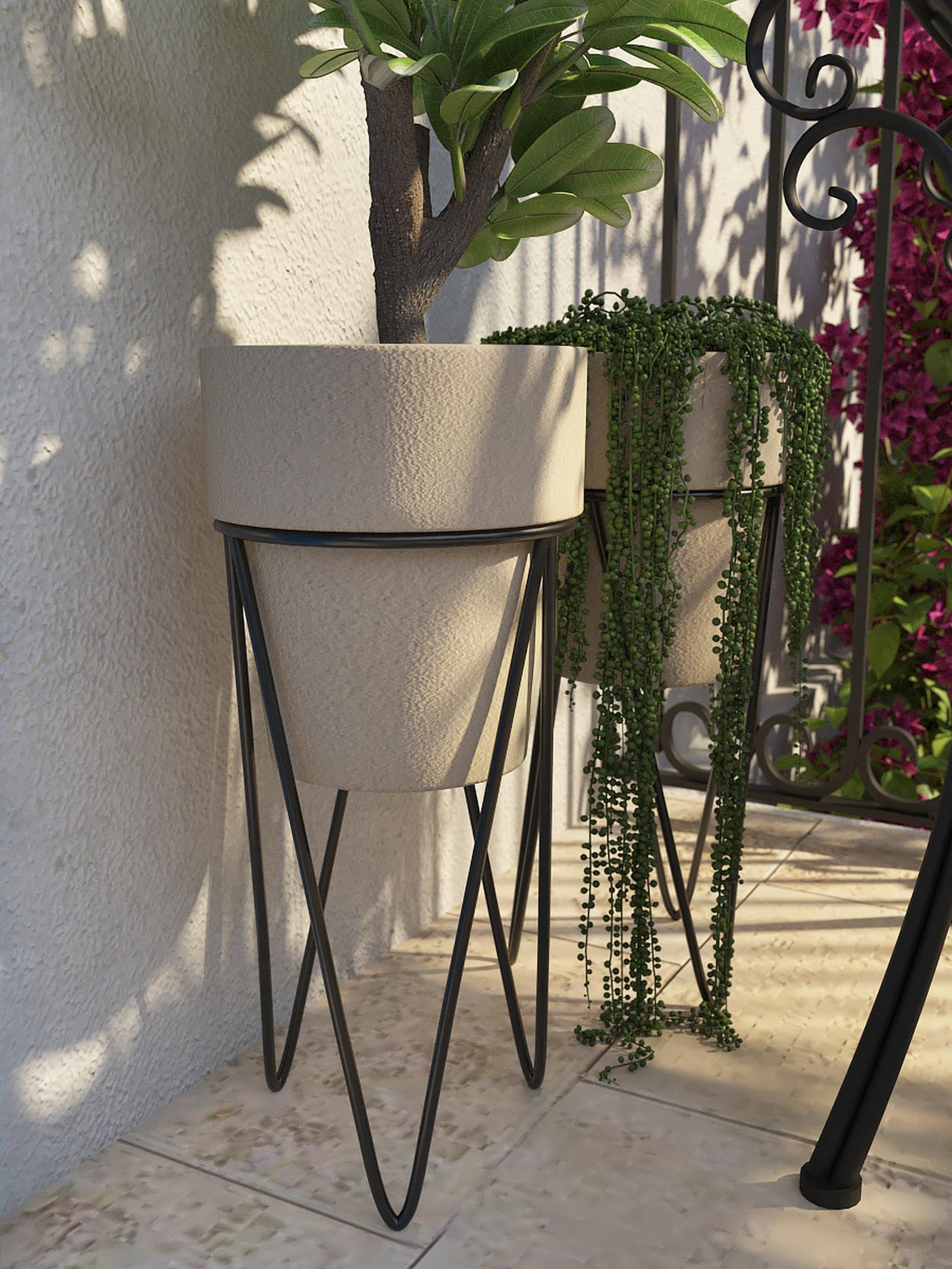 Ghiveci ceramic interior, rotund, bej, 18.5 x 41 cm, cu suport metalic