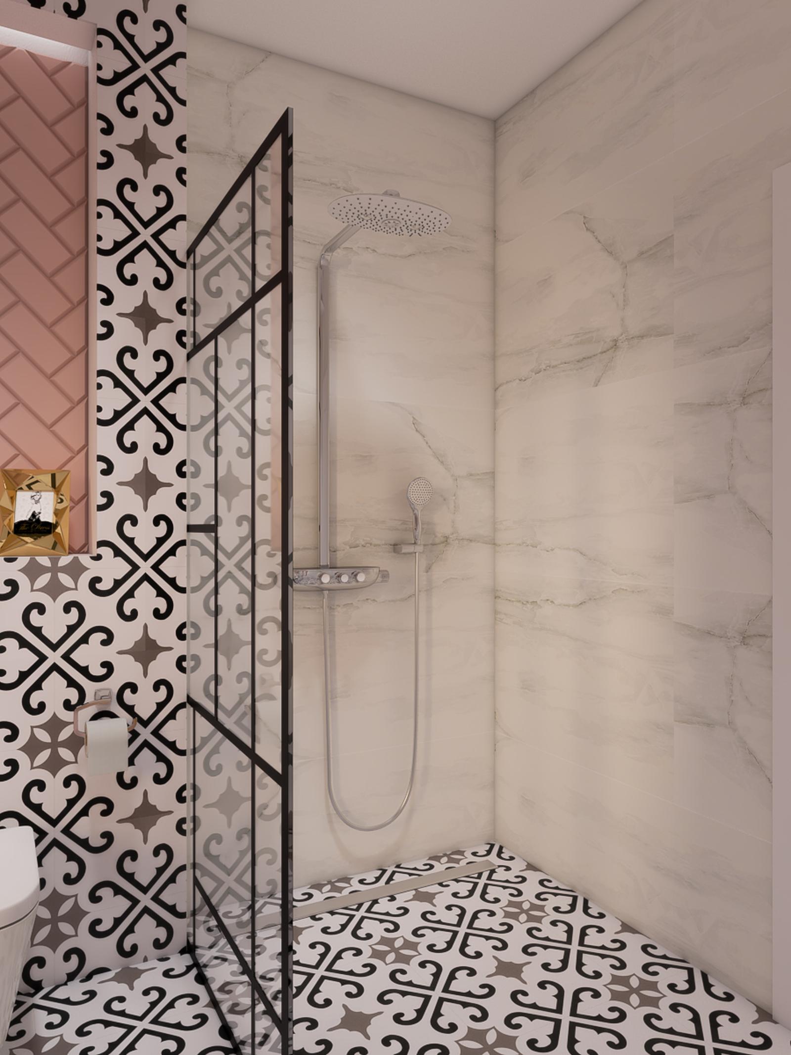 Perete dus walk-in, Profiltek Fado, sticla cu model geometric, profil negru, 100 x 195 cm
