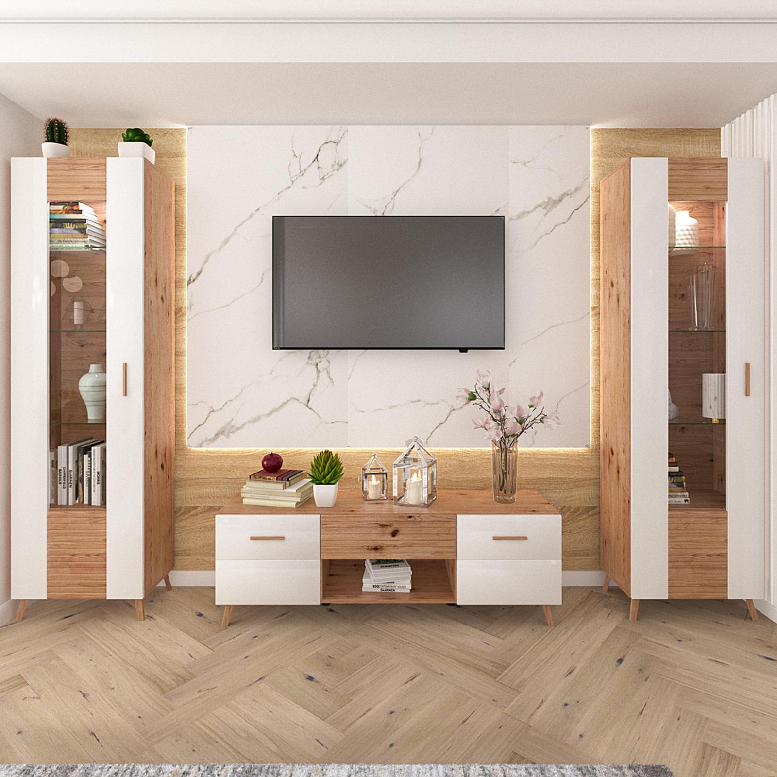 Comoda TV Bretagna 150, cu usi si sertar, stejar artisan + folie lucioasa alba, 147 x 42 x 49 cm, 1C
