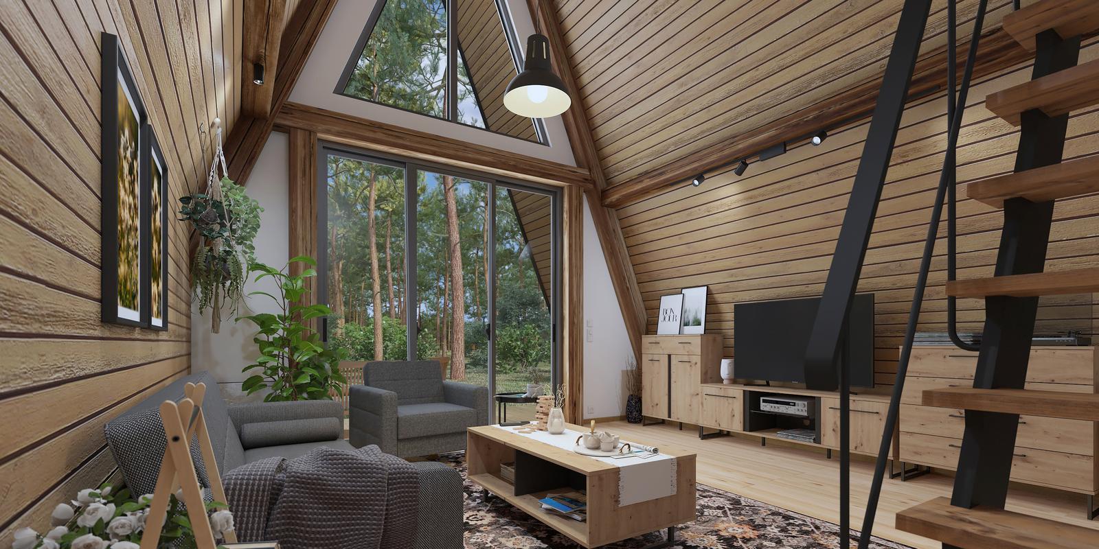 Model amenajare living stil modern forest cabin