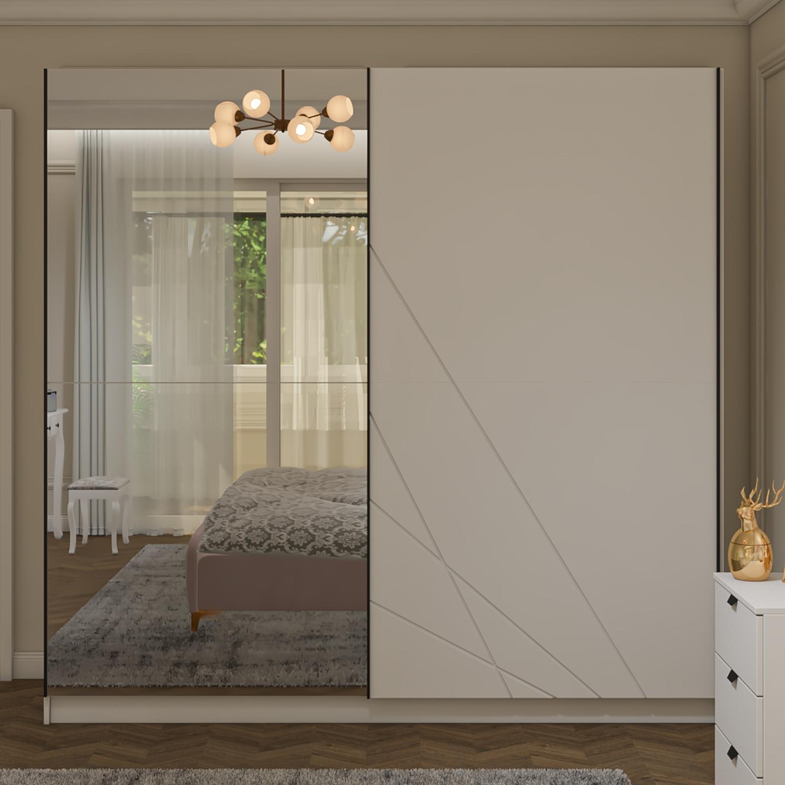Dulap Ksanti alb mat + folie lucioasa alba, 2 usi glisante, cu oglinda, 217 x 62.5 x 210 cm, 8C
