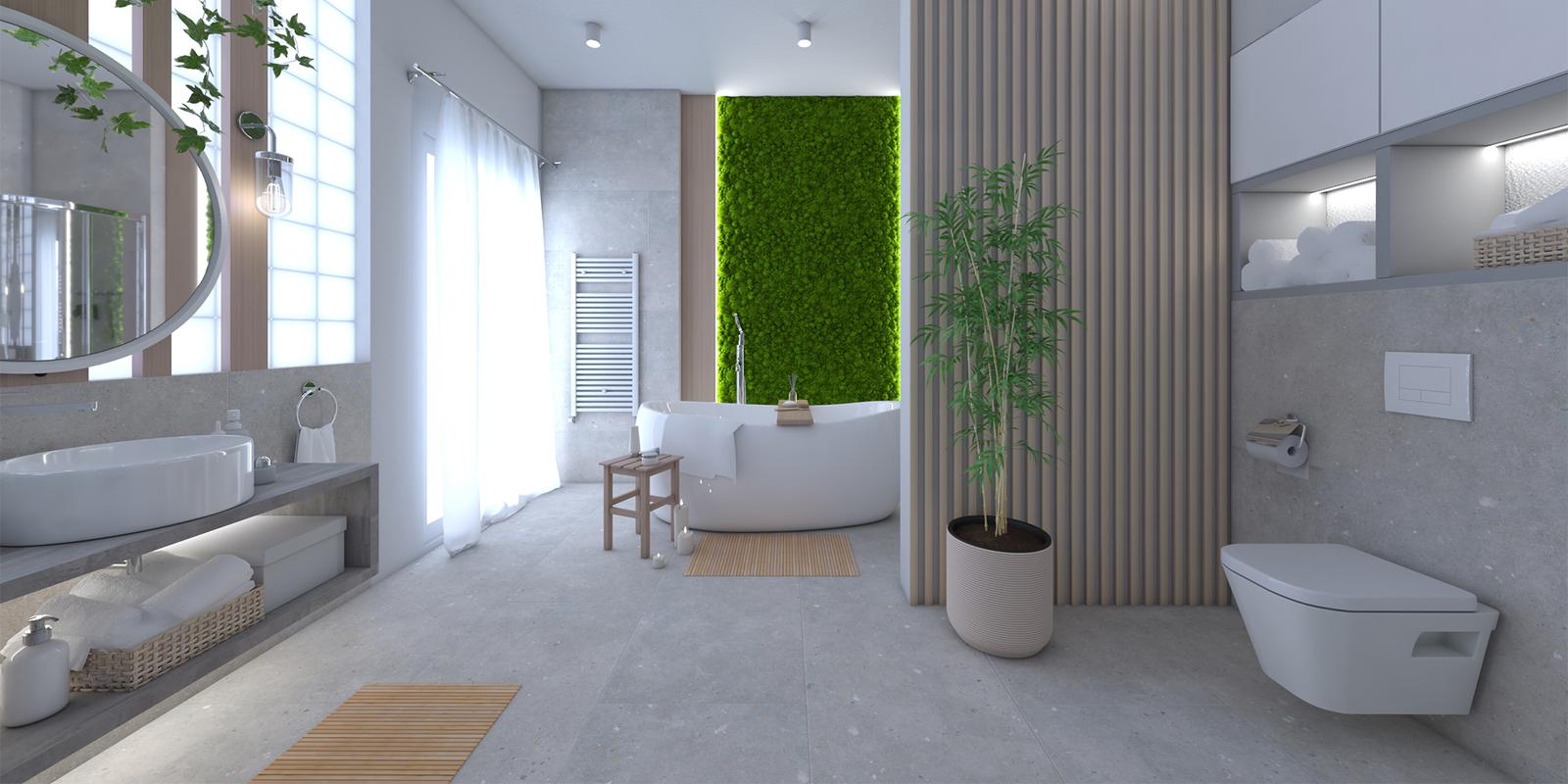 Model amenajare baie stil modern light wood