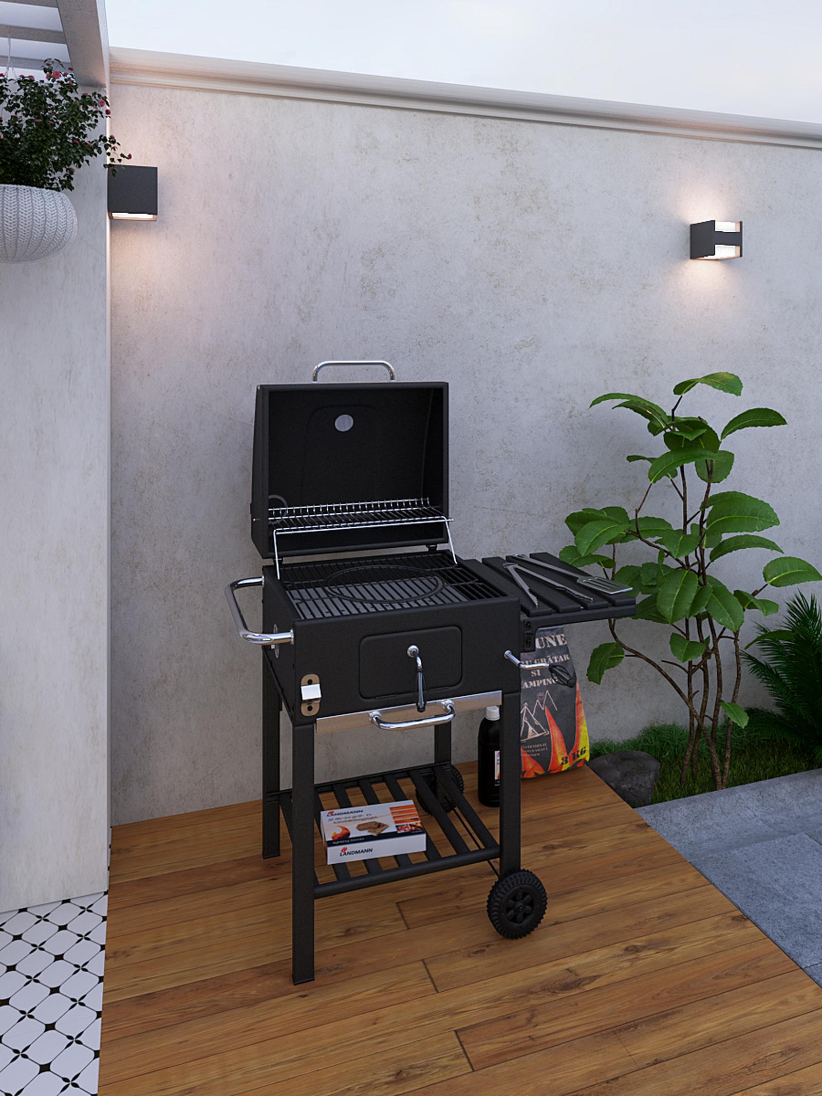 Gratar gradina cu carbuni, portabil, cu roti de deplasare, din otel, 100 x 71 x 102 cm, cu capac, cu ceas de temperatura, cu masuta, Komfort New Grillchef 11529