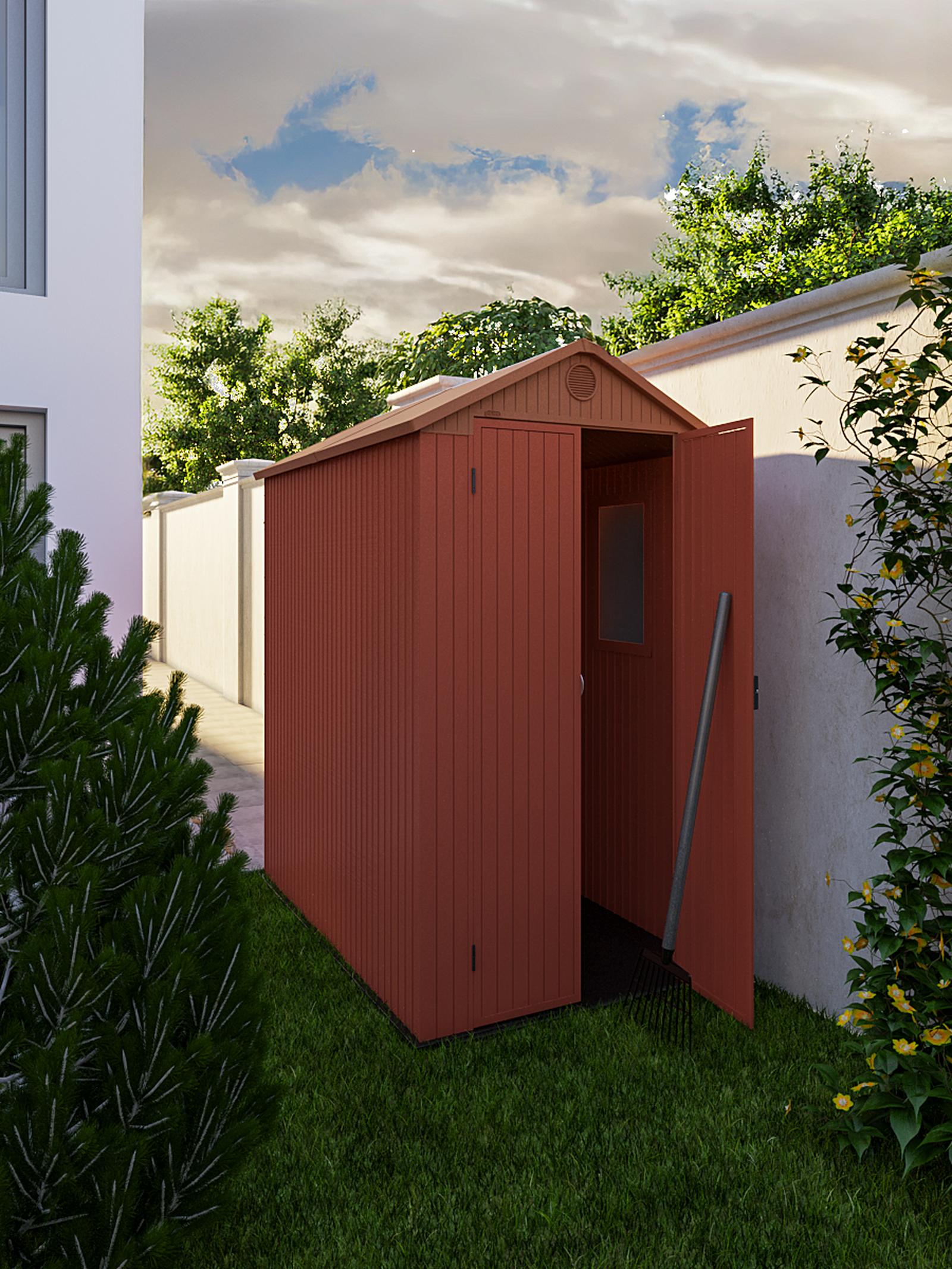 Magazie depozitare Keter Darwin plastic, maro, 125.8 x 184.5 x 205 cm, usa simpla, cu fereastra