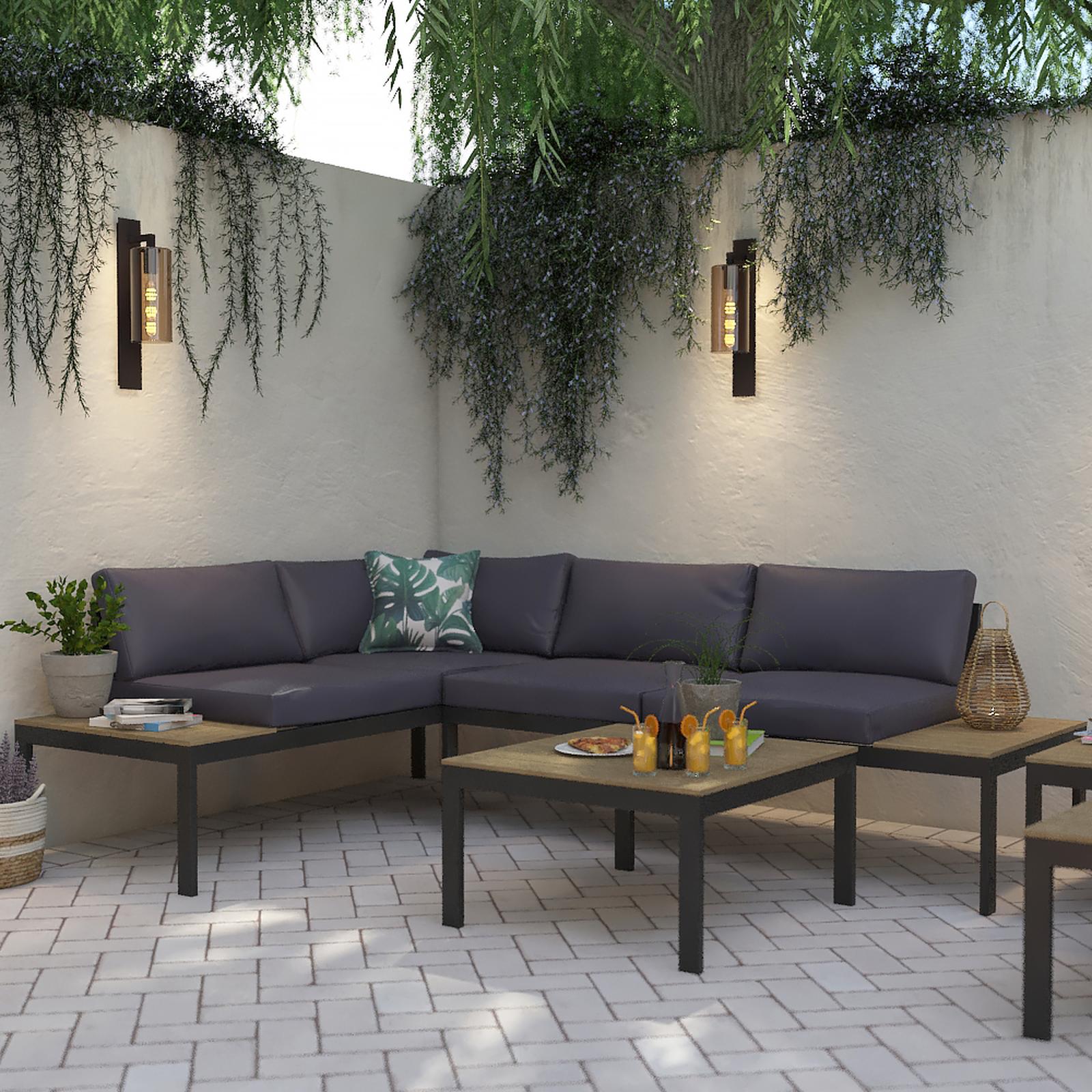 Set mobilier gradina coltar 4 locuri, perne incluse, pentru exterior, masa dreptunghiulara, Grandio Mob Ancona, metal + poliester, gri + maro + negru