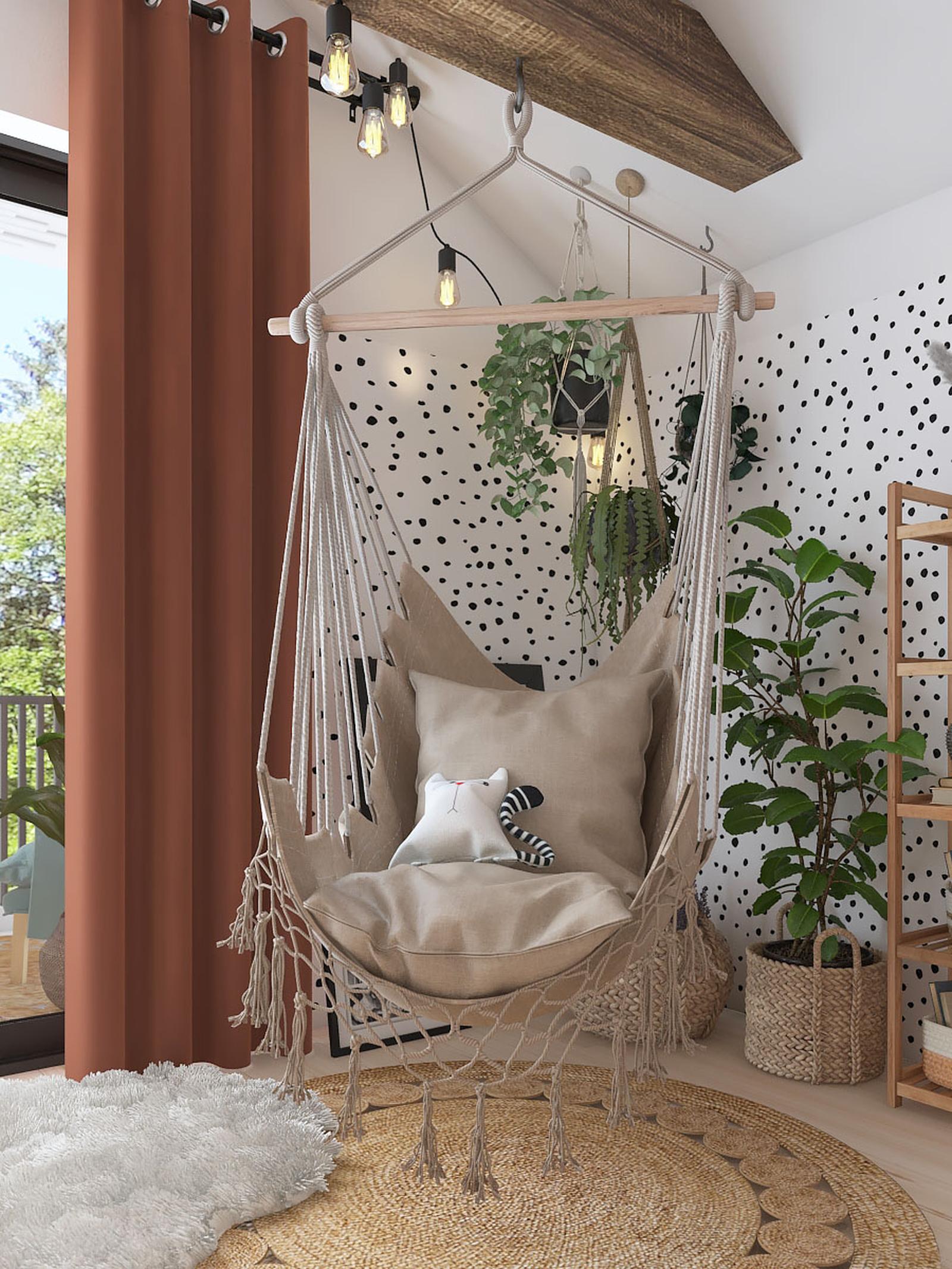 Hamac tip scaun cu bara din lemn, cu perne, bej, 100 x 130 cm