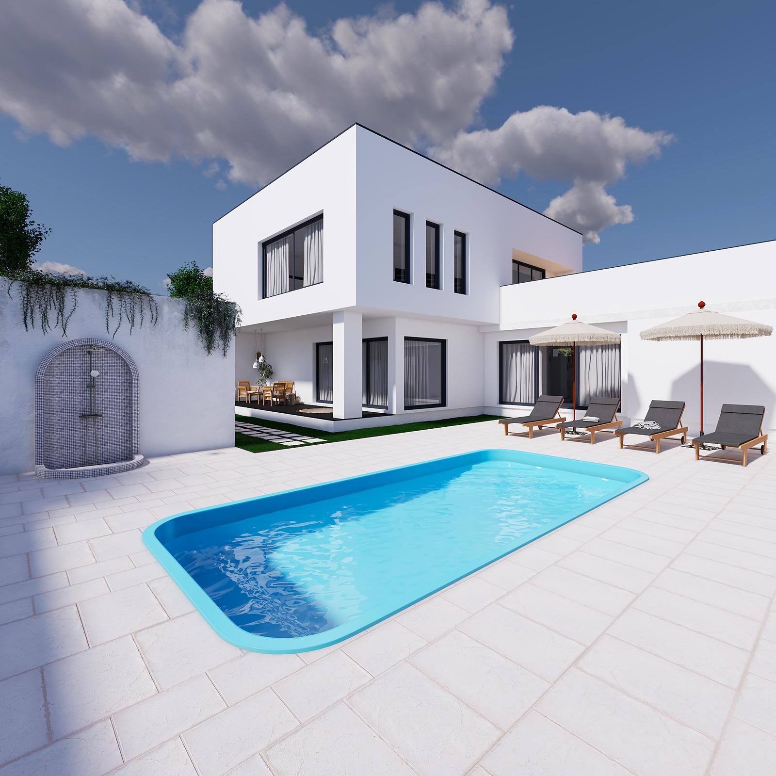 Piscină cu șezlonguri, umbrele și duș exterior_4