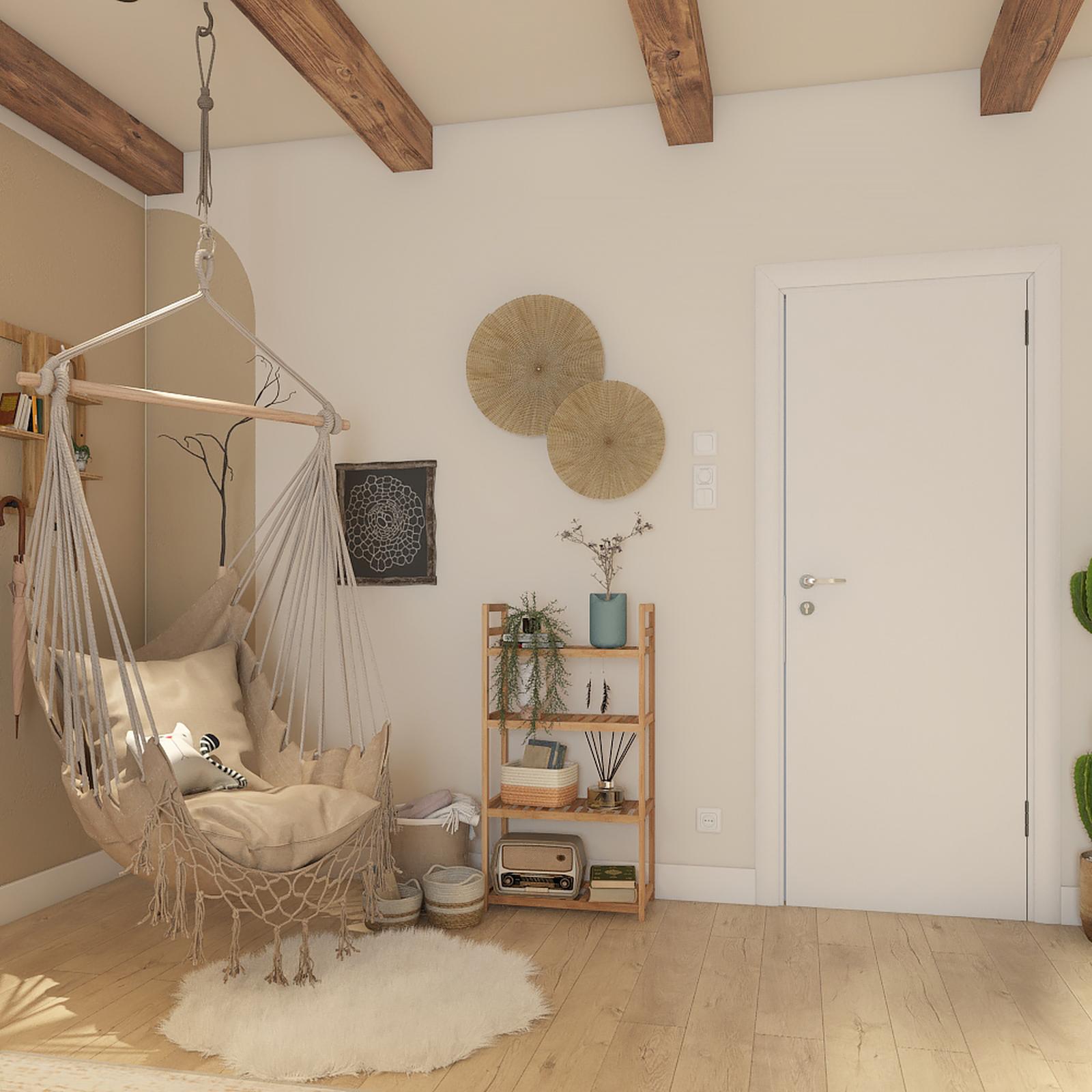 Hamac tip scaun cu bara din lemn, cu perne, bej, 100 x 130 cm