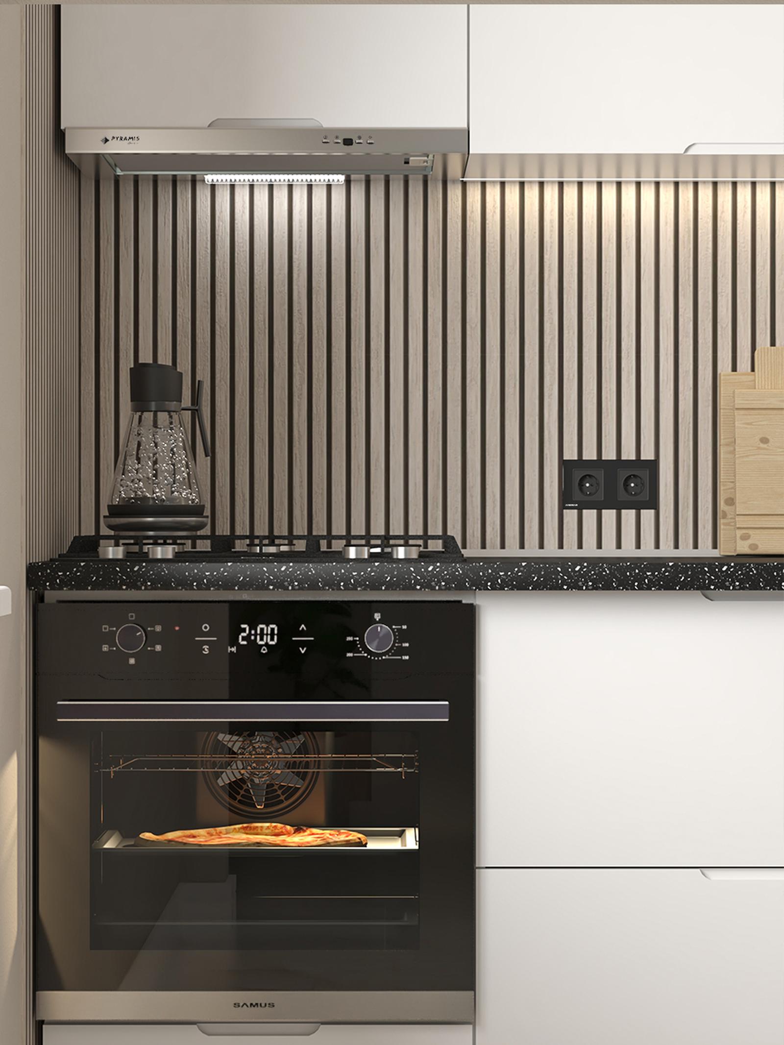 Cuptor electric incorporabil SC625GDX5 + plita pe gaz incorporabila PSG-64SG2, Samus B1, clasa A, 75 litri, 5 functii, 4 arzatoare, arzator Wok, putere 8.6 kW, aprindere electrica, negru