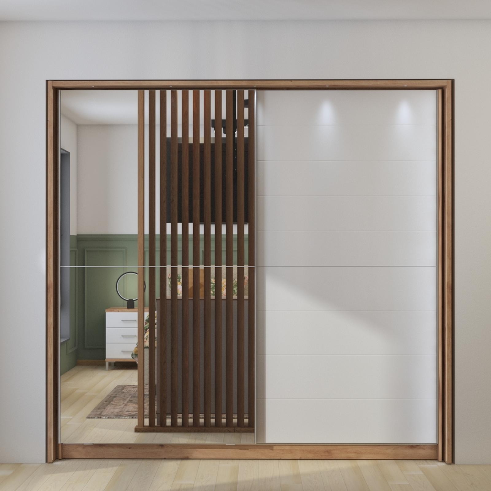 Dulap Mondego 220, cu rama si LED, stejar artisan + folie lucioasa alba, 2 usi glisante, cu oglinda, 227 x 62.5 x 214 cm, 10C