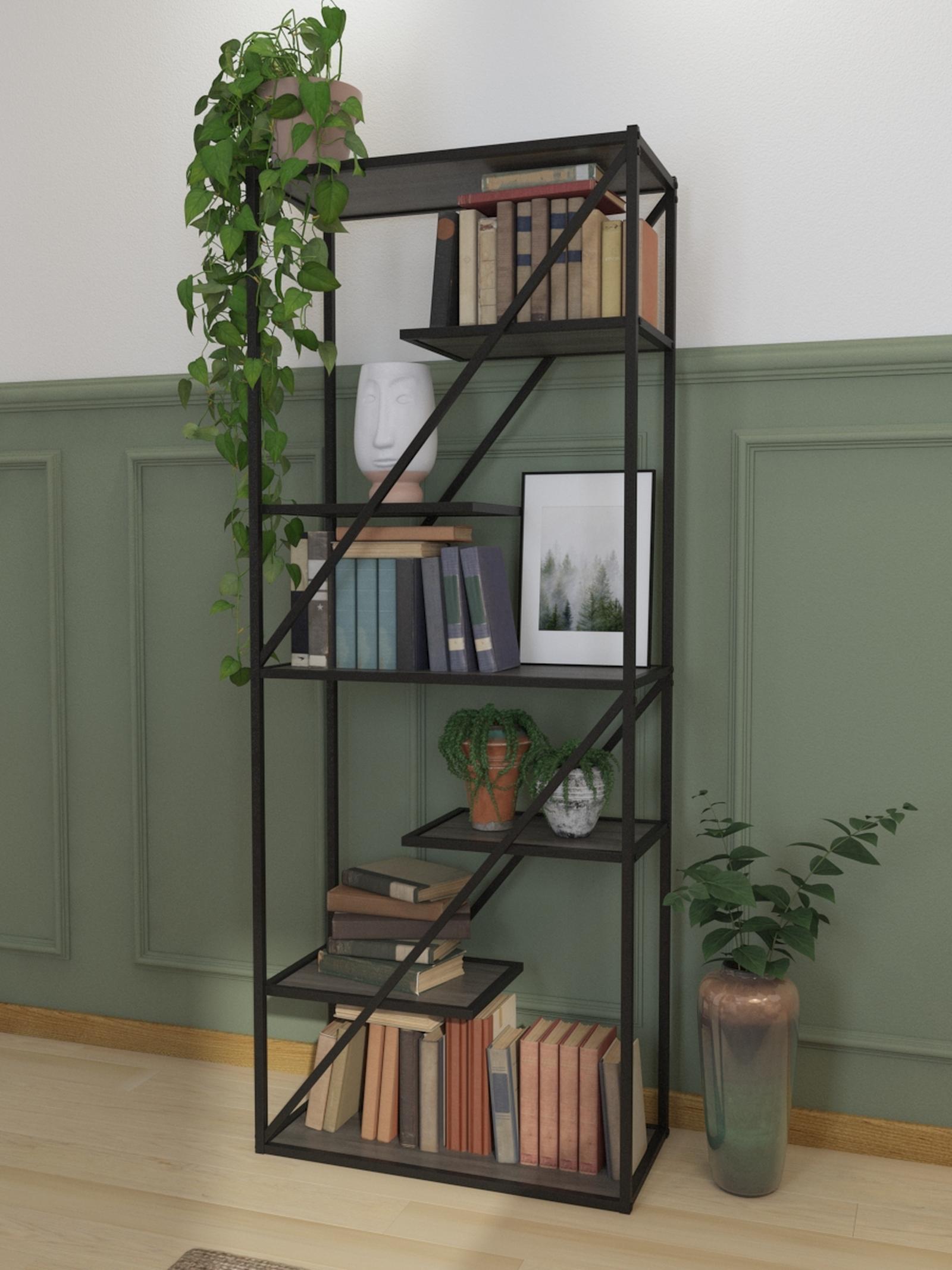 Etajera Kornetka HM-ST28591, metal + PAL, negru + gri, 64 x 30 x 165 cm