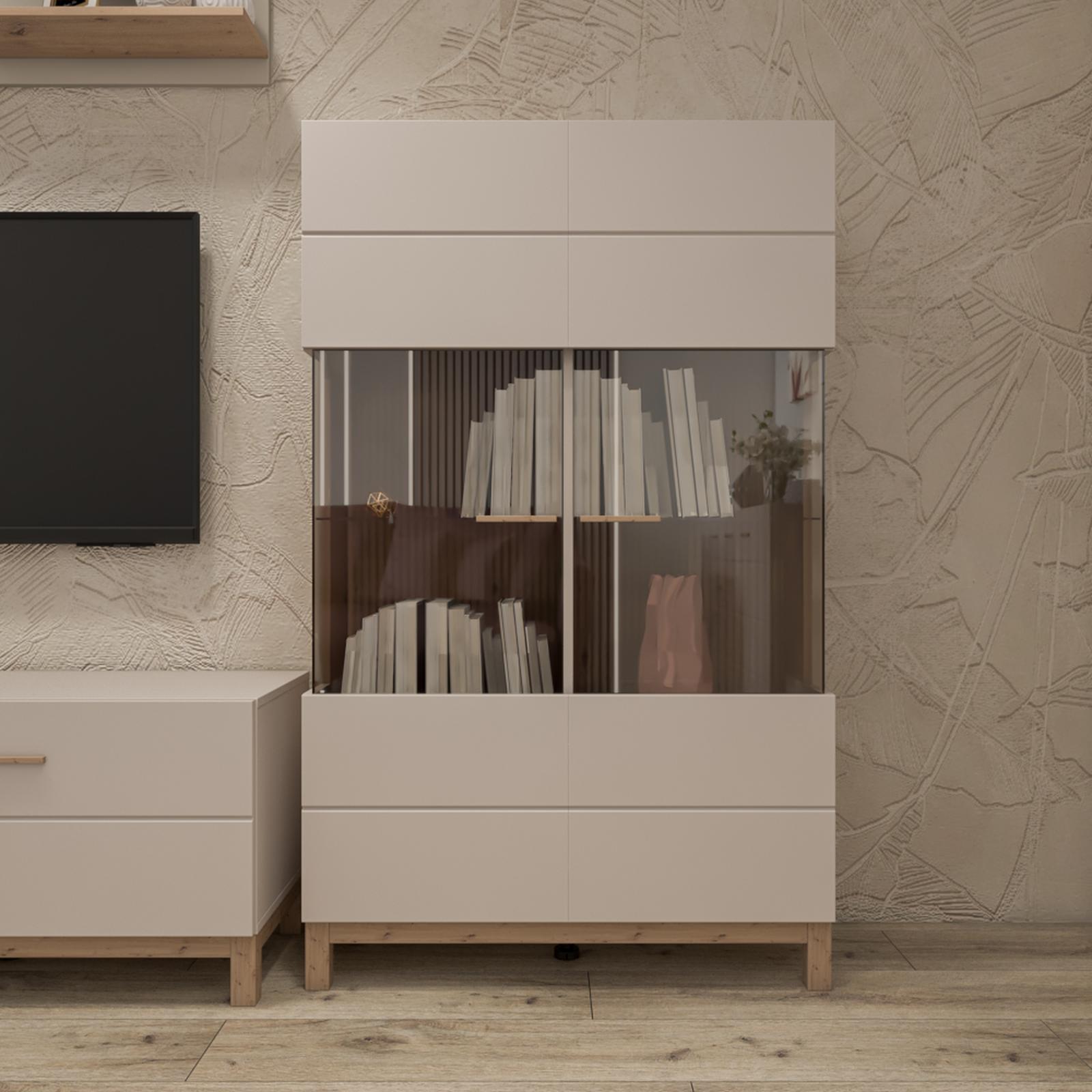 Vitrina living Essex 2KVS2, cu usi sticla + lumini, bej cashmere, 90 x 35 x 146.5 cm, 3C